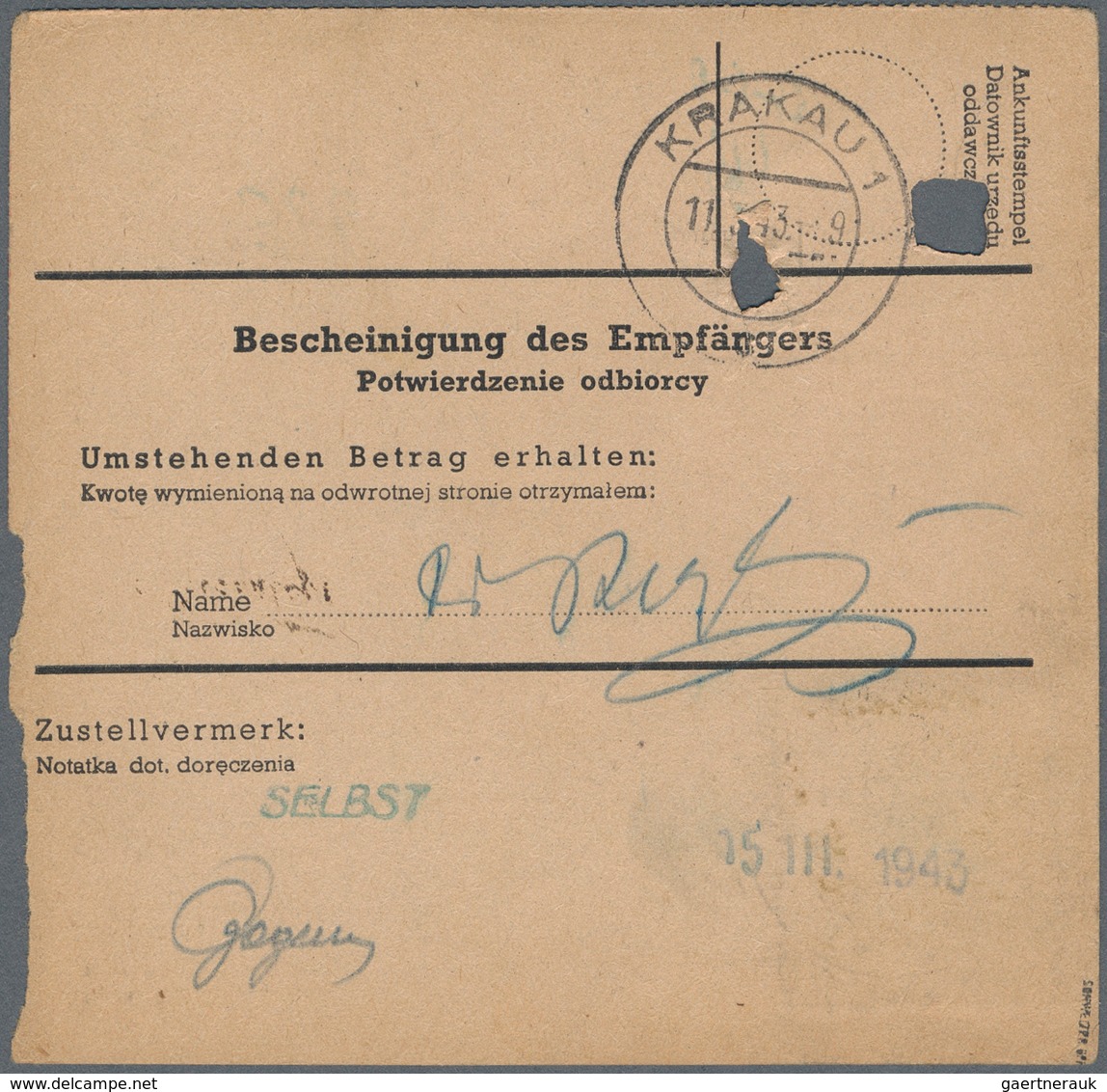 Dt. Besetzung II WK - Generalgouvernement: 1942, 1,20 Zl Schwarzsiena, Einzelfrankatur Auf Postanwei - Occupation 1938-45