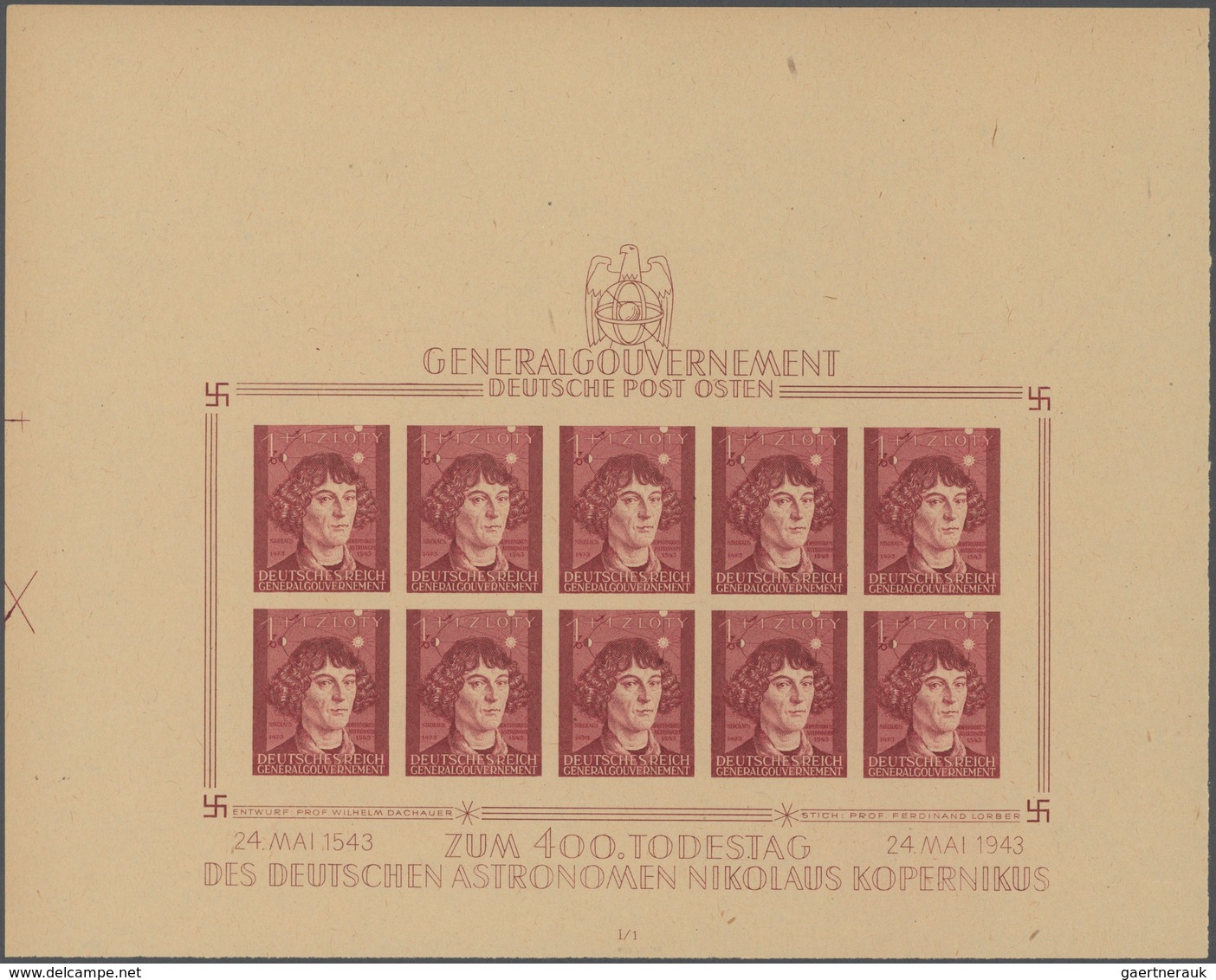 Dt. Besetzung II WK - Generalgouvernement: 1 Zl Kopernikus Ohne Datumseindruck, Ungezähnter Kleinbog - Occupation 1938-45