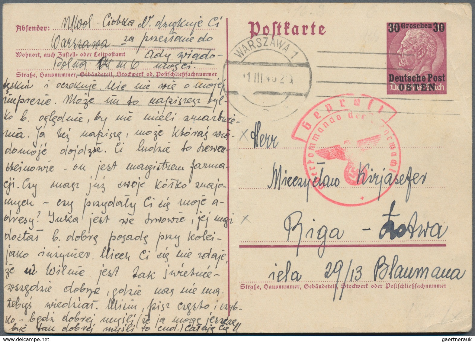 Dt. Besetzung II WK - Generalgouvernement - Ganzsachen: 1940. Postkarte 30 Grochen Auf 15 Pf (langes - Besetzungen 1938-45