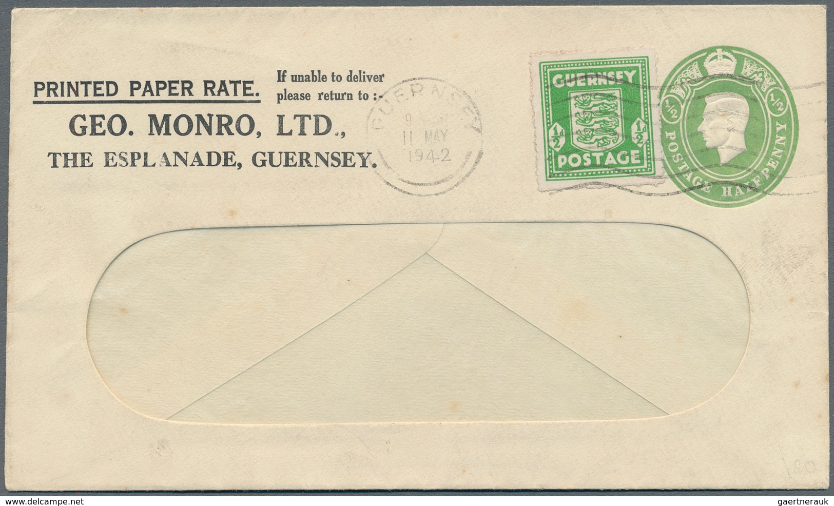 Dt. Besetzung II WK - Guernsey: 1942, 1/2d Grün Als Zusatzfrankatur Auf Englischem Privat-Ganzsachen - Besetzungen 1938-45