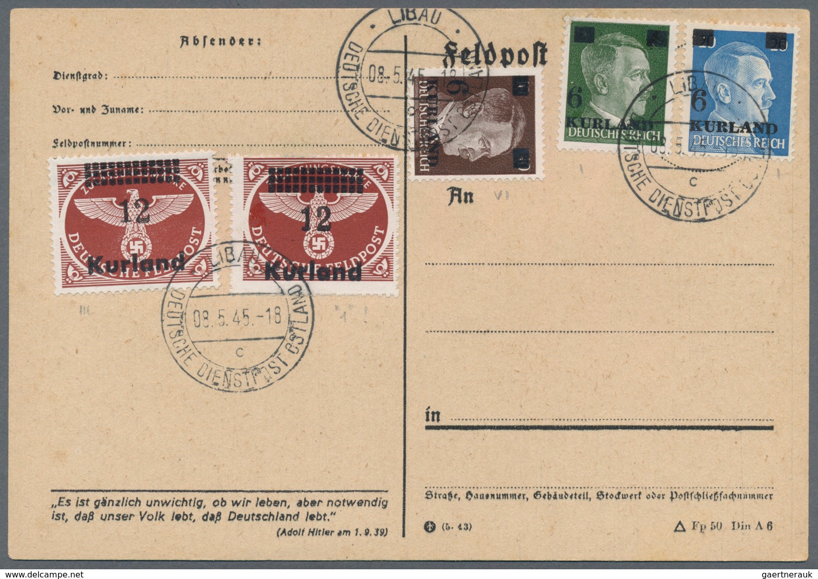 Dt. Besetzung II WK - Kurland: 1945, Die Fünf Angegebenen Kurlandmarkn Auf Blanko Postkarte Entwerte - Occupation 1938-45