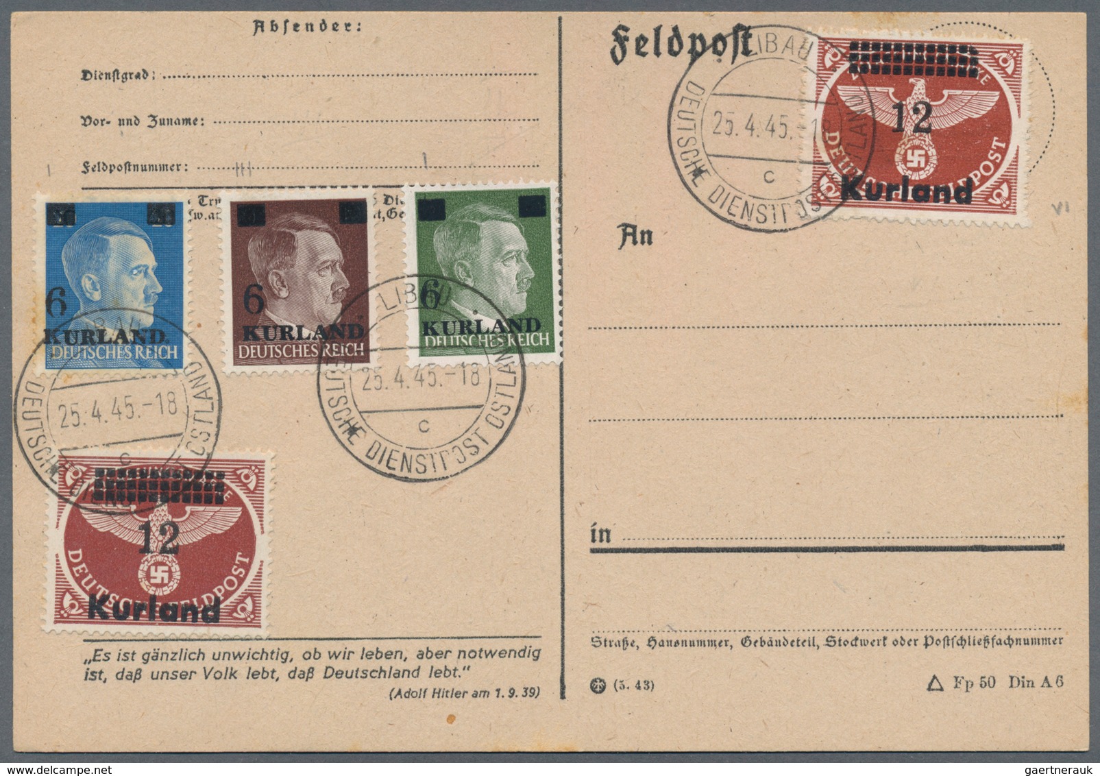 Dt. Besetzung II WK - Kurland: 1945, Die Fünf Angegebenen Kurlandmarken Auf Blanko Postkarte Entwert - Occupation 1938-45