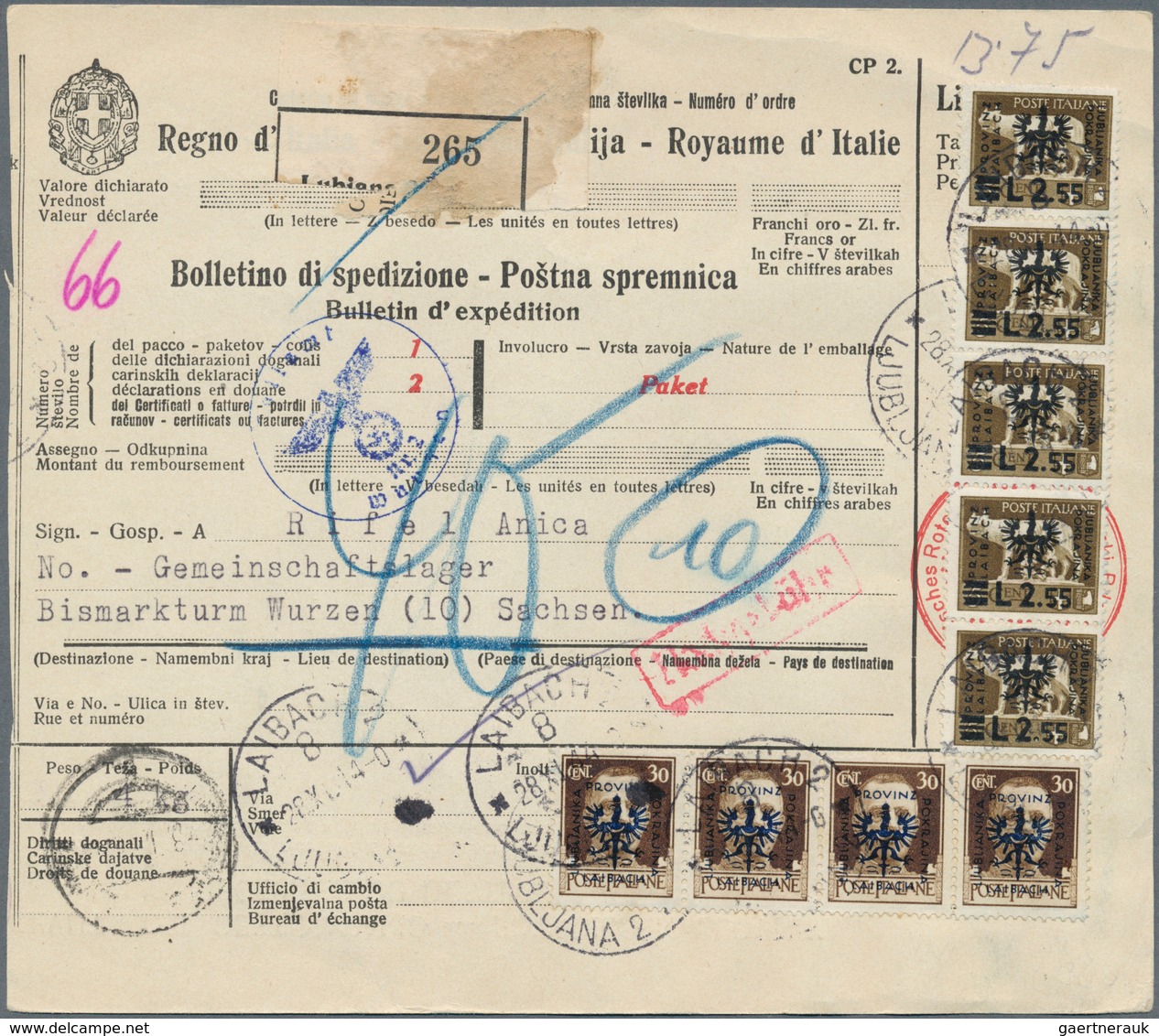 Dt. Besetzung II WK - Laibach: 1944,Paketkarte Mit Vierstreifen 30 Cmi. Und Fünferstreifen 2,55 L Au - Besetzungen 1938-45