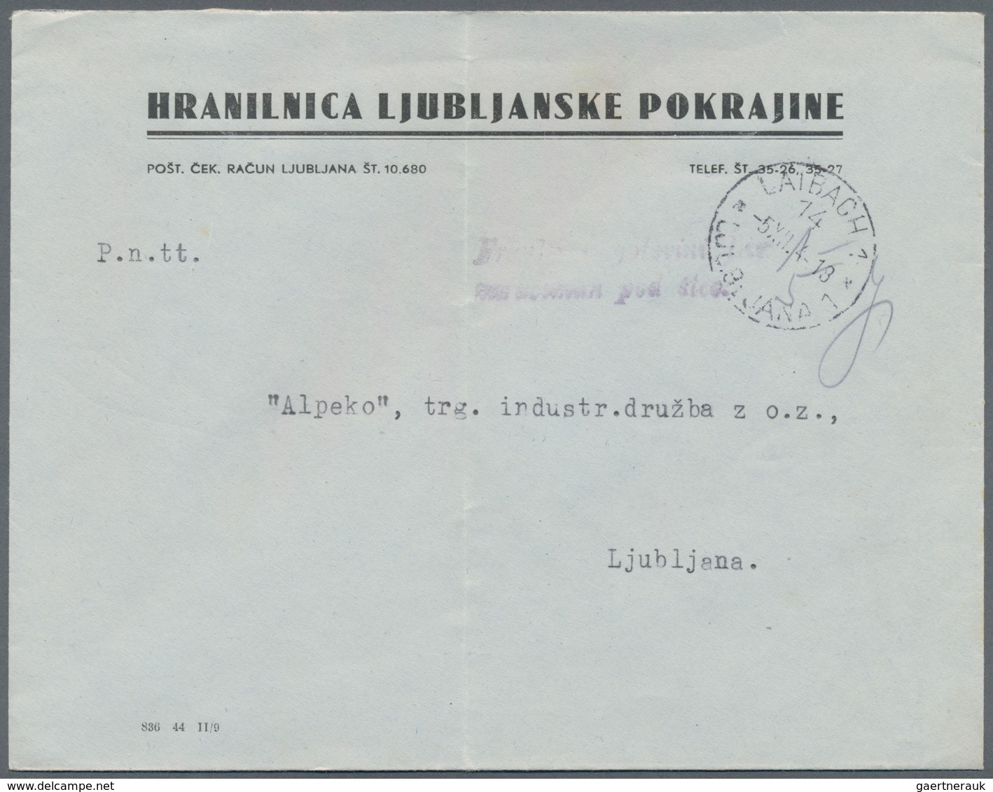 Dt. Besetzung II WK - Laibach: 1944, Bedarfsbrief Innerhalb Laibachs (Ljubljana) Mit Barfrankatur. D - Besetzungen 1938-45