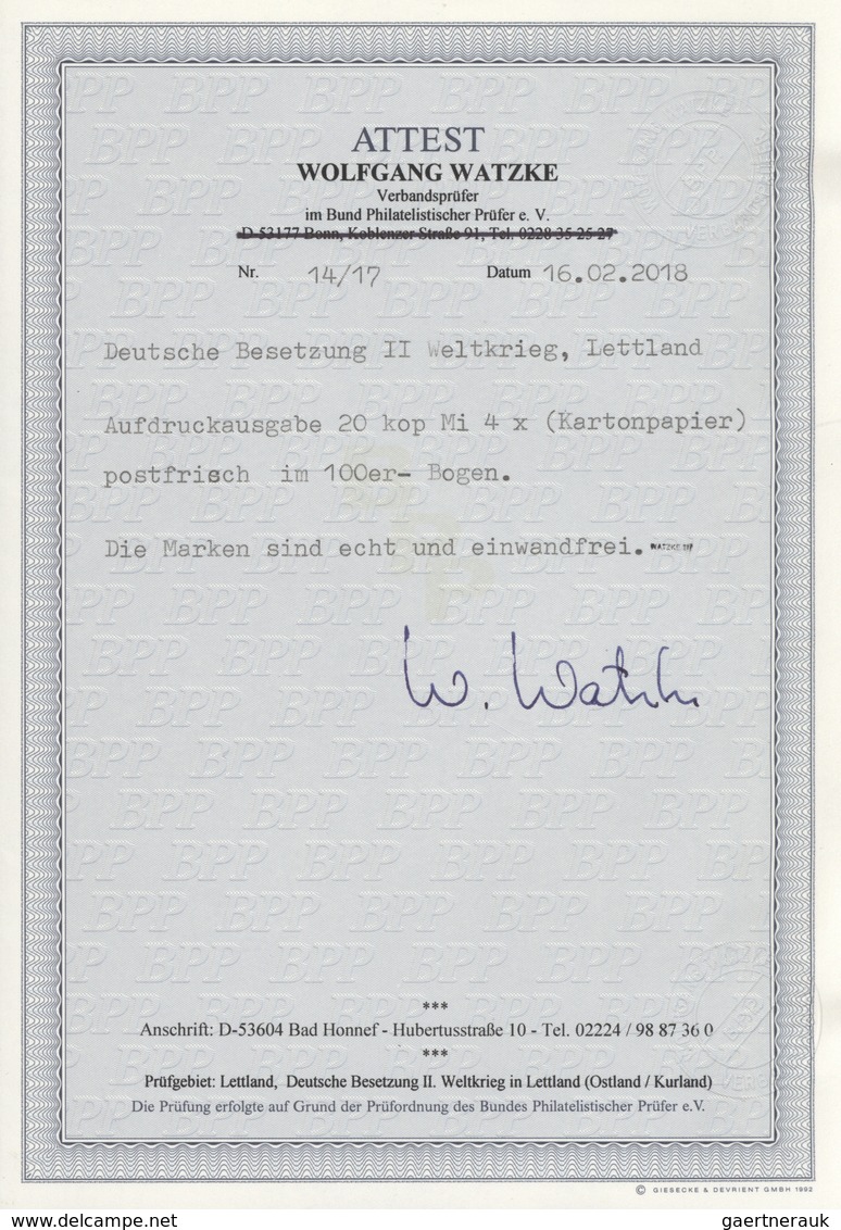Dt. Besetzung II WK - Lettland: 1941, 20 K. Aufdruckausgabe Auf Leicht Grauem Kartonpapier, Komplett - Occupation 1938-45