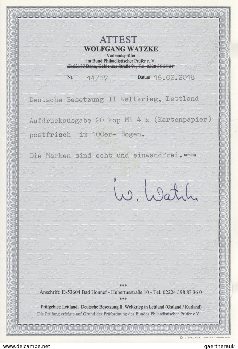 Dt. Besetzung II WK - Lettland: 1941, 20 K. Aufdruckausgabe Auf Leicht Grauem Kartonpapier, Komplett - Besetzungen 1938-45