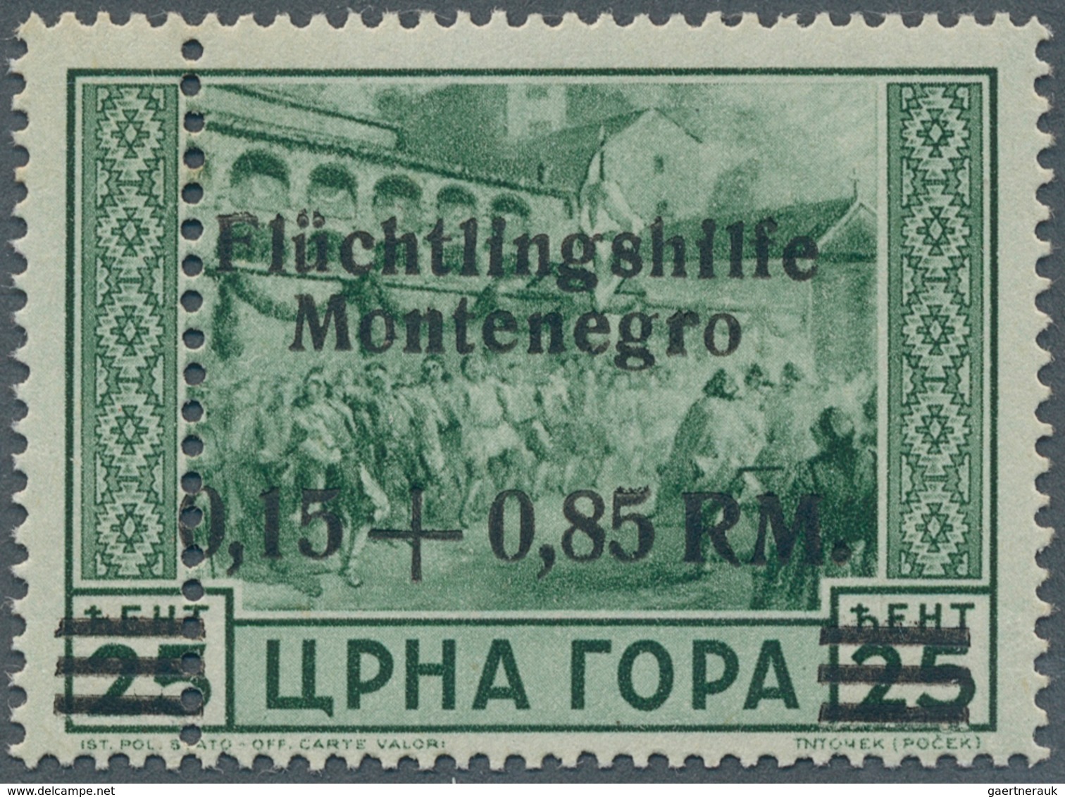 Dt. Besetzung II WK - Montenegro: 1944, 0,15+0,85 RM Mit Aufdruck "Flüchtlingshilfe" Auf 25 C Dunkel - Occupation 1938-45