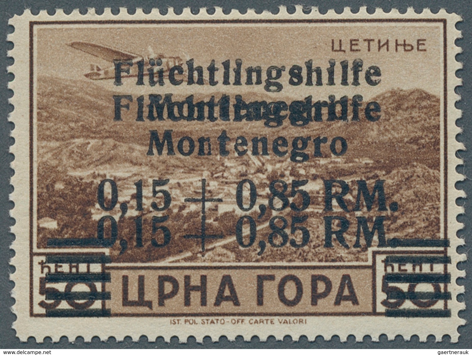 Dt. Besetzung II WK - Montenegro: 1944, 0,15+0,85 RM "Flüchtlingshilfe" Auf 50 C Orangebraun Mit Dop - Occupation 1938-45