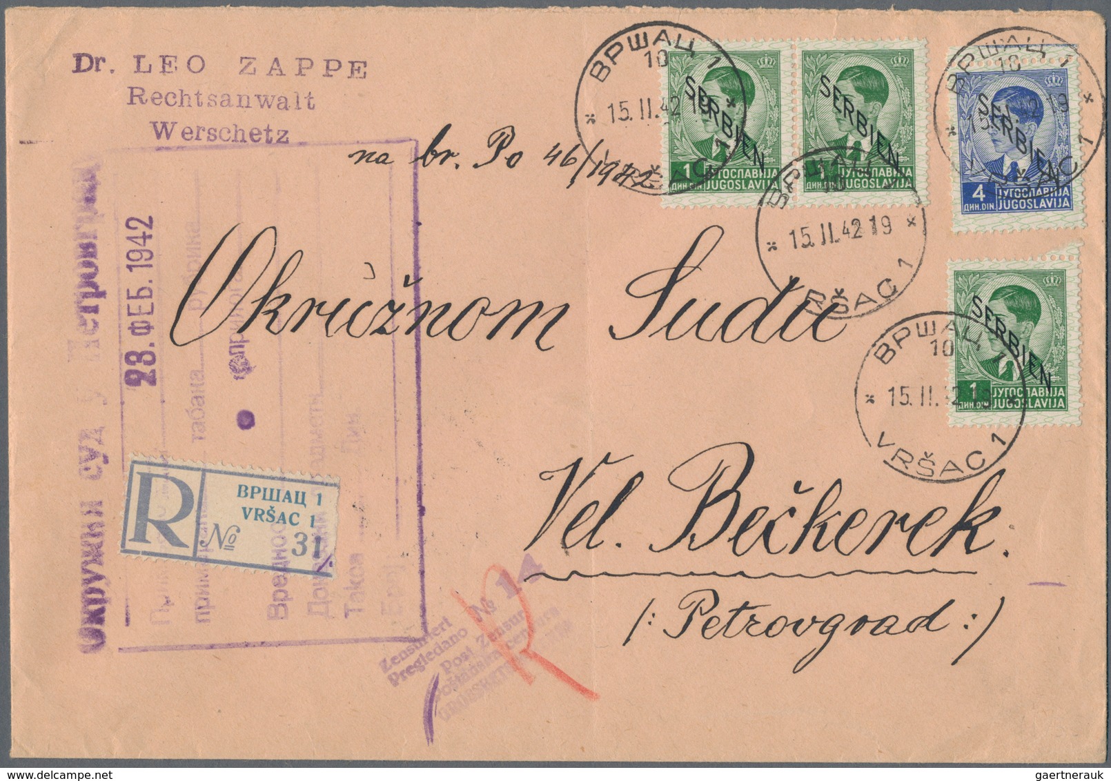 Dt. Besetzung II WK - Serbien: 1942. Einschreibbrief Eines Rechtsanwaltes An Das Bezirksgericht In V - Occupation 1938-45