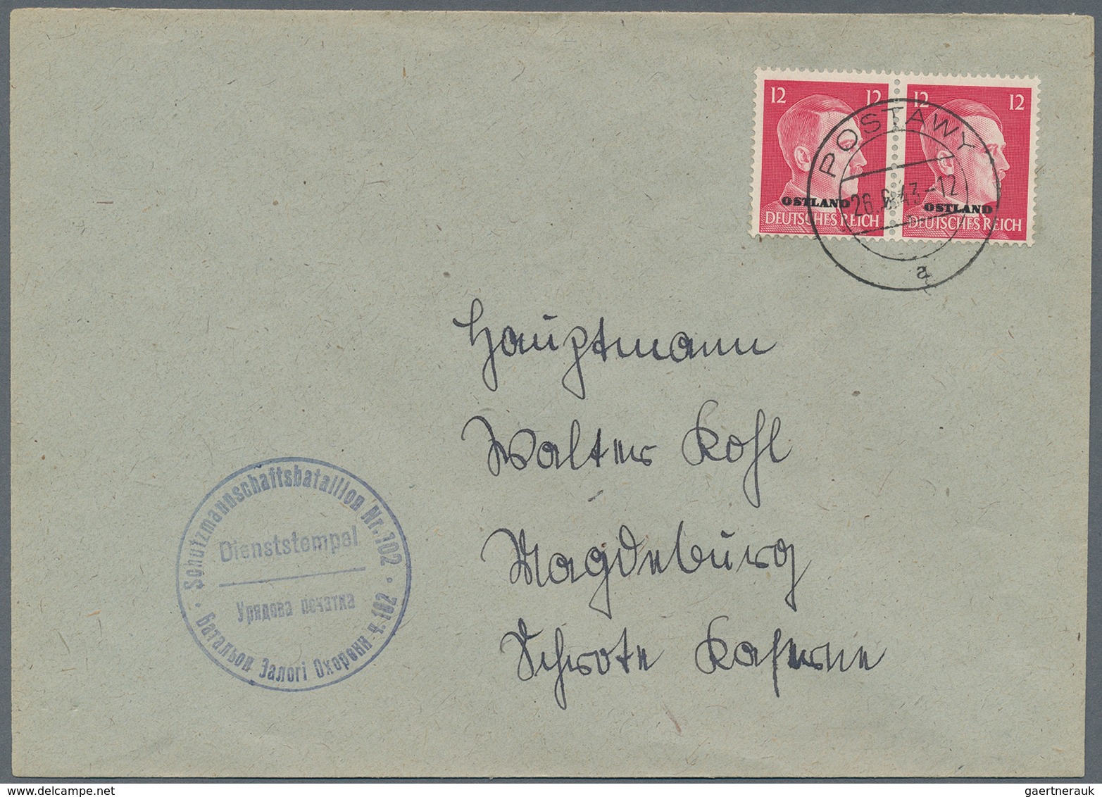 Dt. Besetzung II WK - Ukraine: 1943, 12 Pf Im Paar Auf Brief Mit Stempel "POSTAW" Nach Magdeburg, Di - Occupation 1938-45