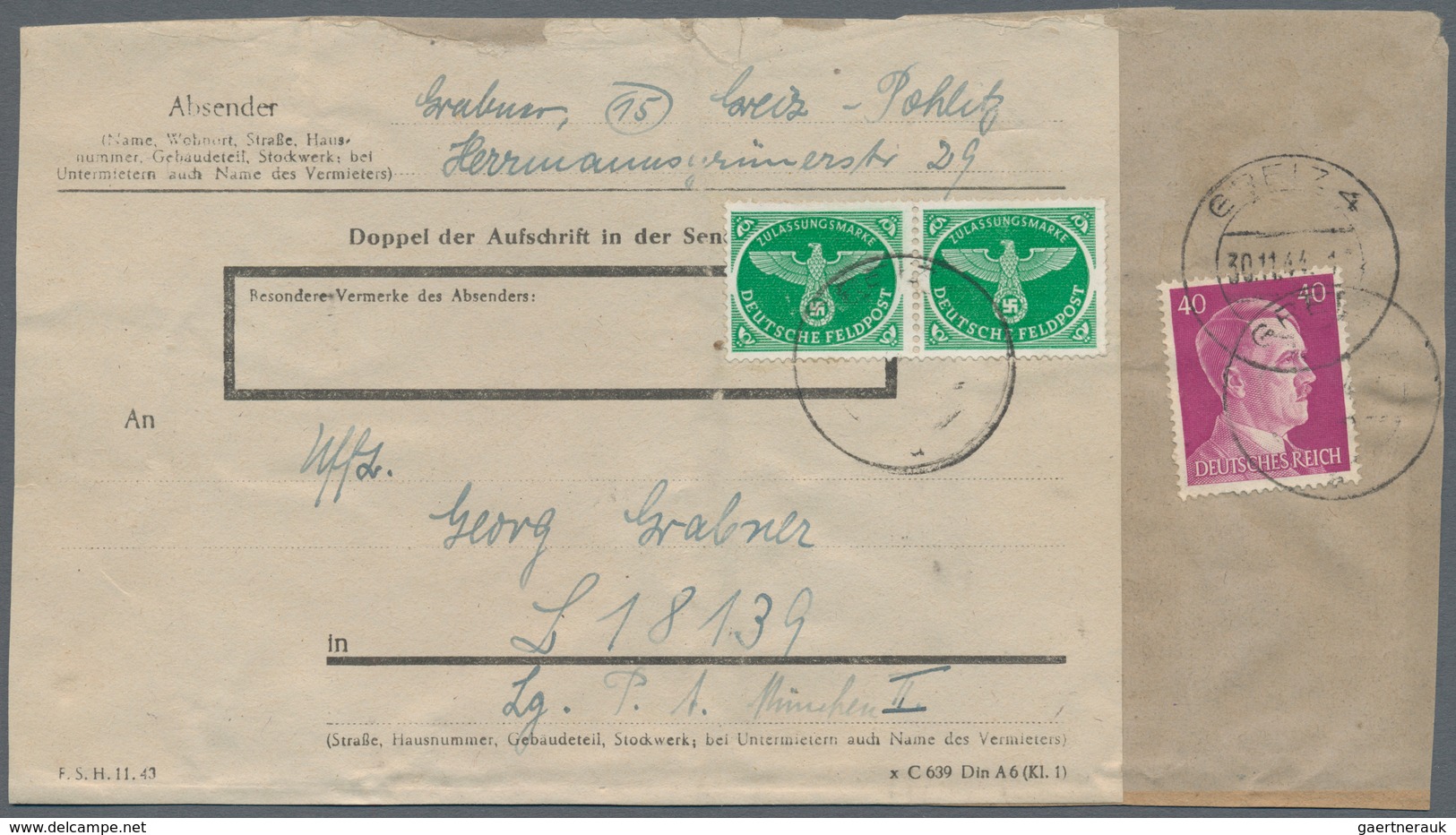 Feldpostmarken: 1944, FELDPOSTPÄCKCHEN-ZULASSUNGSMARKE Für Weihnachtspäckchen In Grün, Waagerechtes - Other & Unclassified