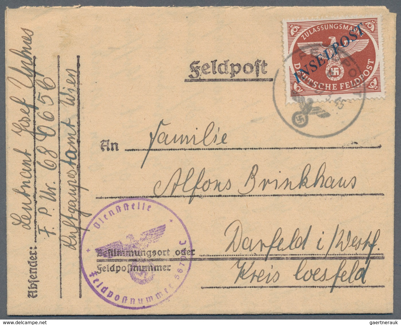 Feldpostmarken: 1945, Feldpostbrief 22.3.45, Absender War Die Nummer 68065 Mit Inselpostmarke Durchs - Sonstige & Ohne Zuordnung