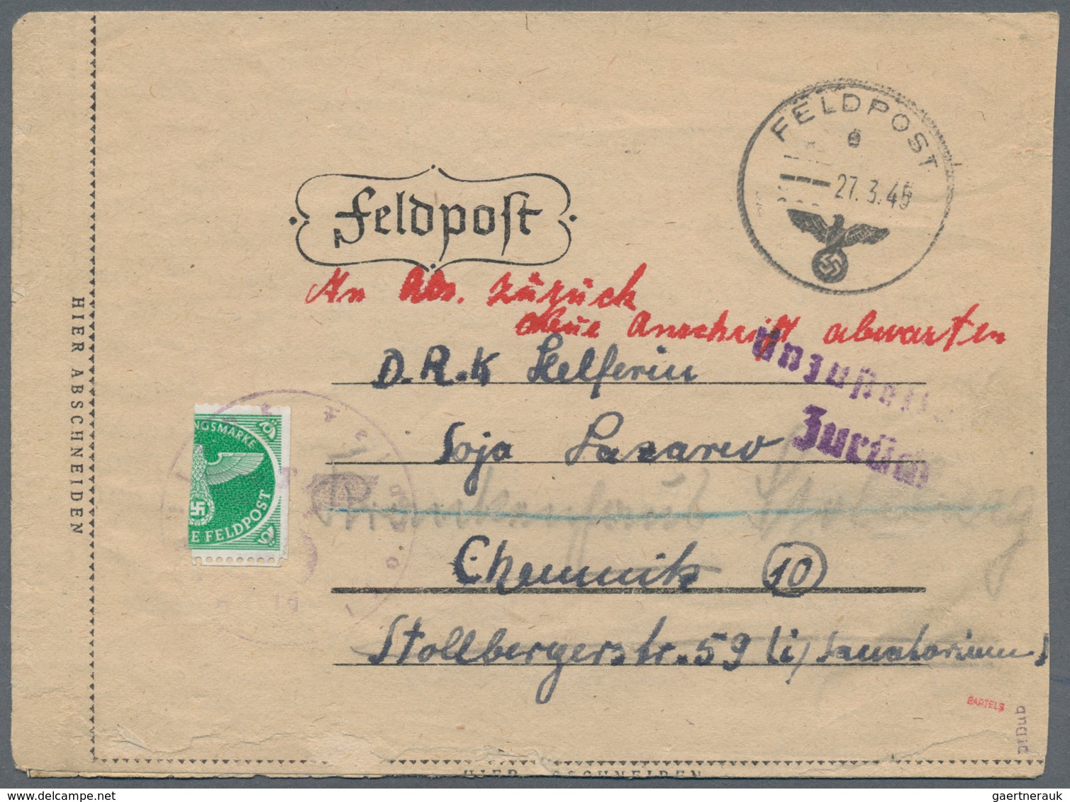 Feldpostmarken: 1945, Später Feldpostbrief Frankiert Mit Senkrechter Halbierung Der Zulassungsmarke - Sonstige & Ohne Zuordnung