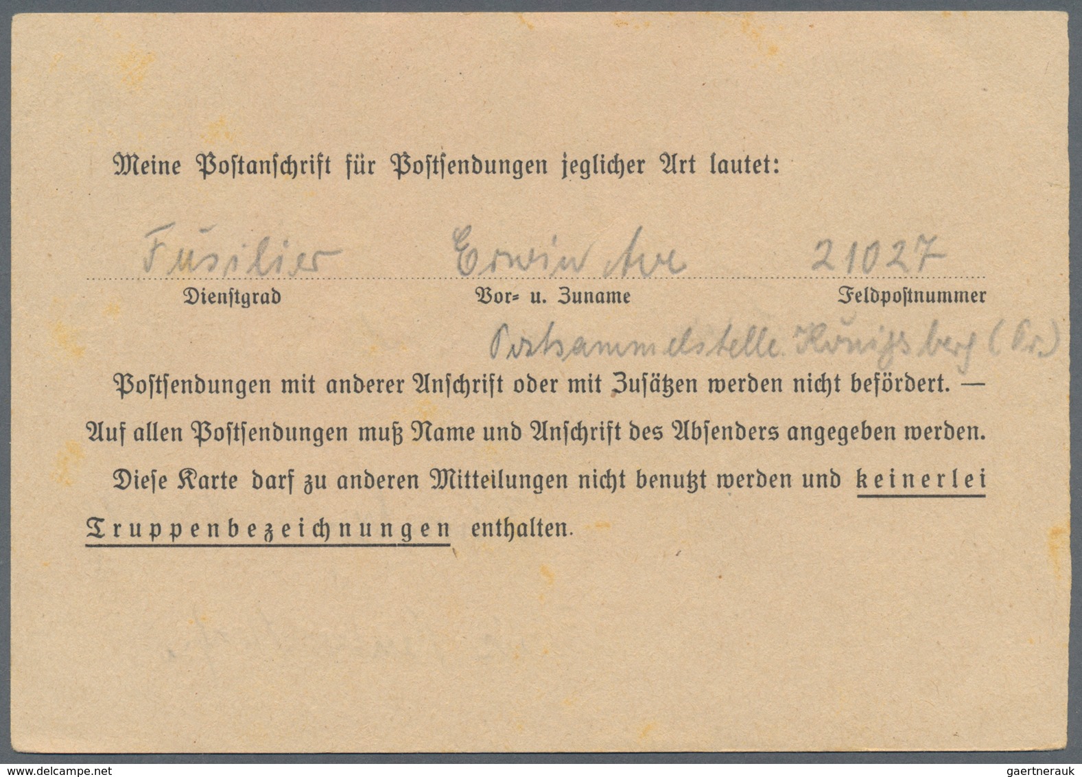 Feldpost 2. Weltkrieg: 1937/1939, Wehrmachtmanöver-Karte Mit DV "4162 37 II D" Gebraucht Mit Normste - Sonstige & Ohne Zuordnung