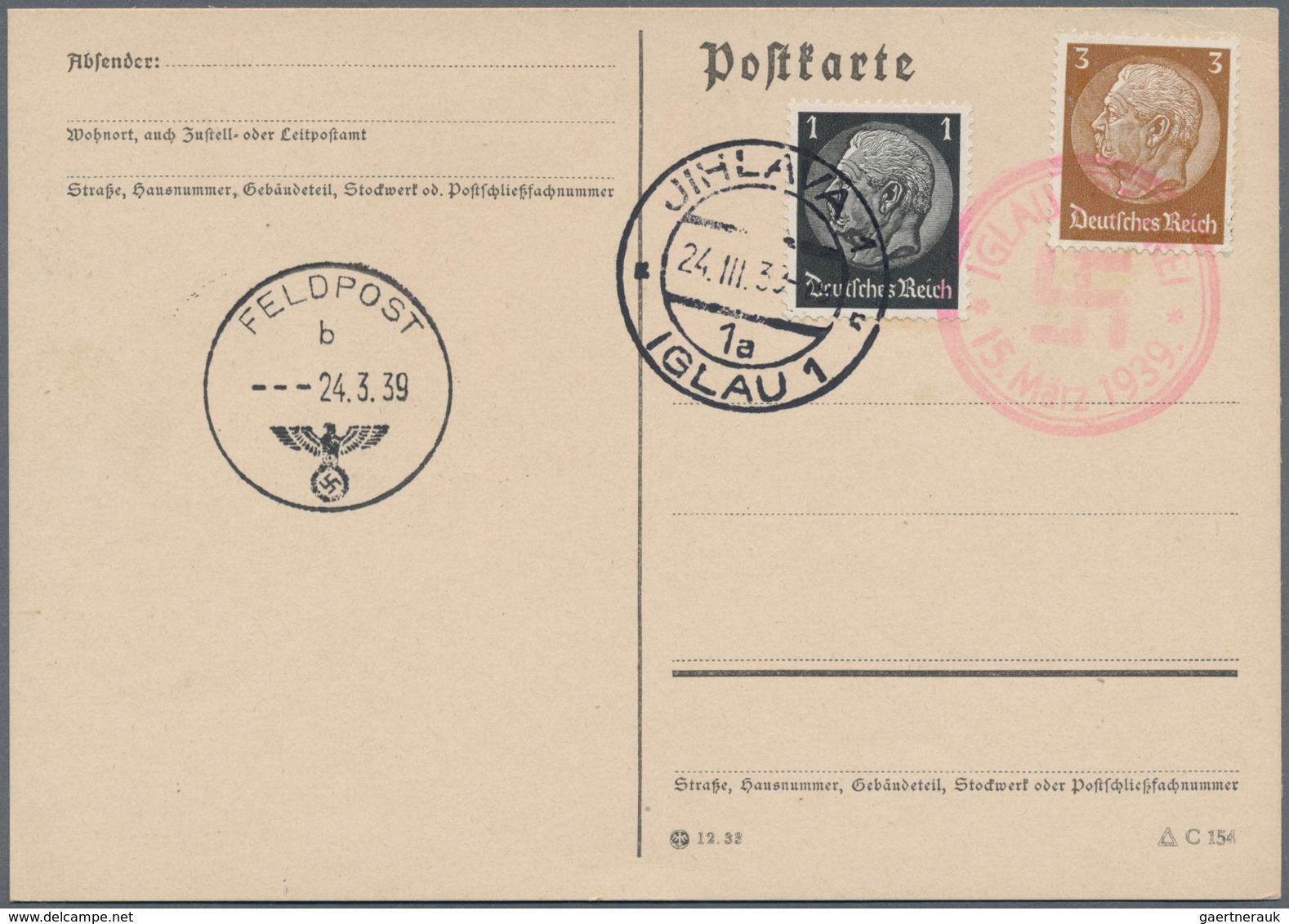 Feldpost 2. Weltkrieg: 1939, Feldpoststempel März 1939 Und Stempel "Iglau Ist Frei", In Sehr Guter E - Other & Unclassified