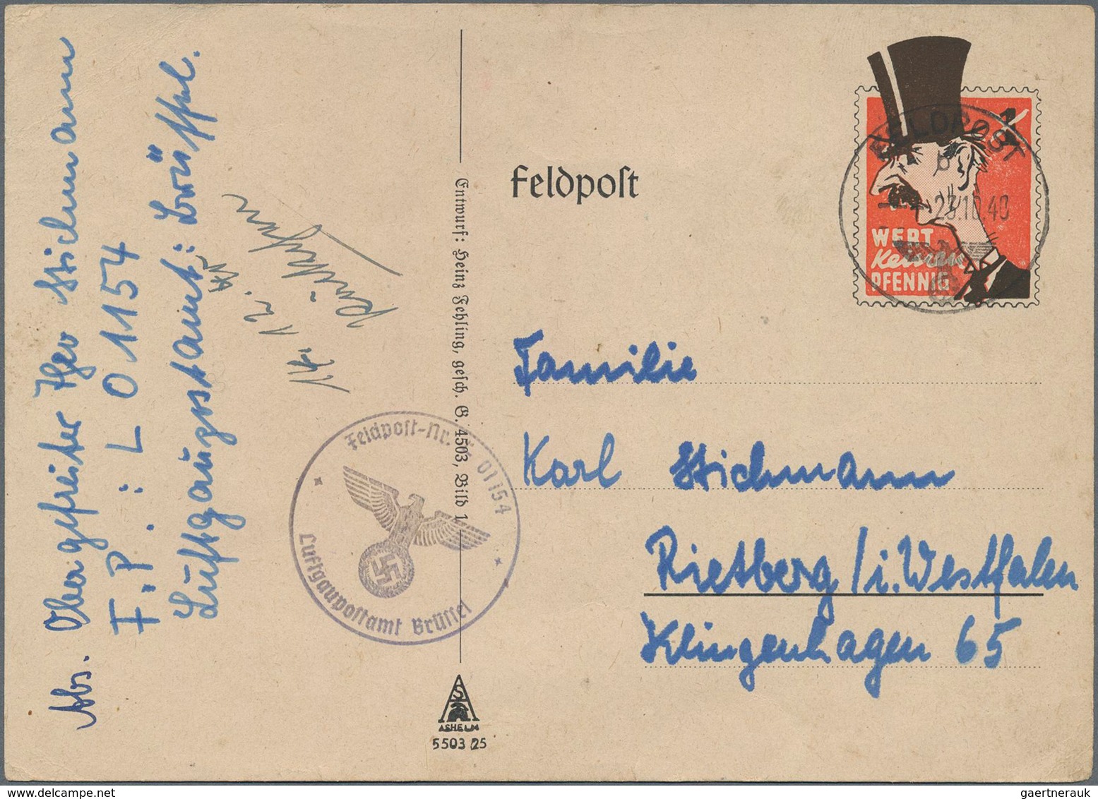 Feldpost 2. Weltkrieg: 1940, "Wert Keinen Pfennig" Chamberlain-Spottkarte Aus Frankreich Nach Rietbe - Sonstige & Ohne Zuordnung