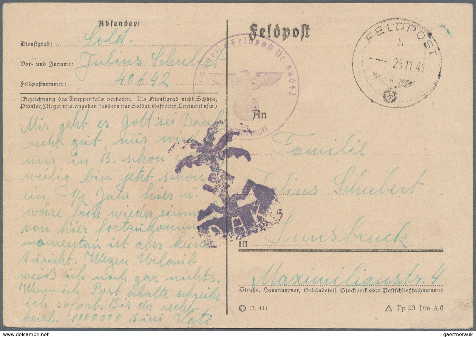 Feldpost 2. Weltkrieg: 1941 (25.11.), Schwarzblauer Palmenstempel (Palme, Hakenkreuz + Schriftzug "D - Other & Unclassified