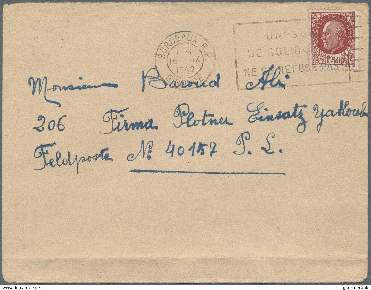 Feldpost 2. Weltkrieg: 1942 (16.9.), Brief Mit 1,50 Francs-Frankatur Aus Bordeaux/Frankreich An Eine - Other & Unclassified