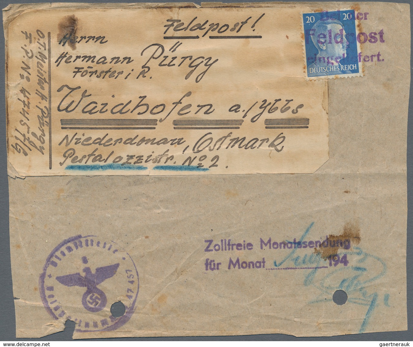 Feldpost 2. Weltkrieg: 1942/44 (ca.) Vier Paketadressen Mit Je Hitler 20 Pf. Und Unterschiedlichen S - Other & Unclassified