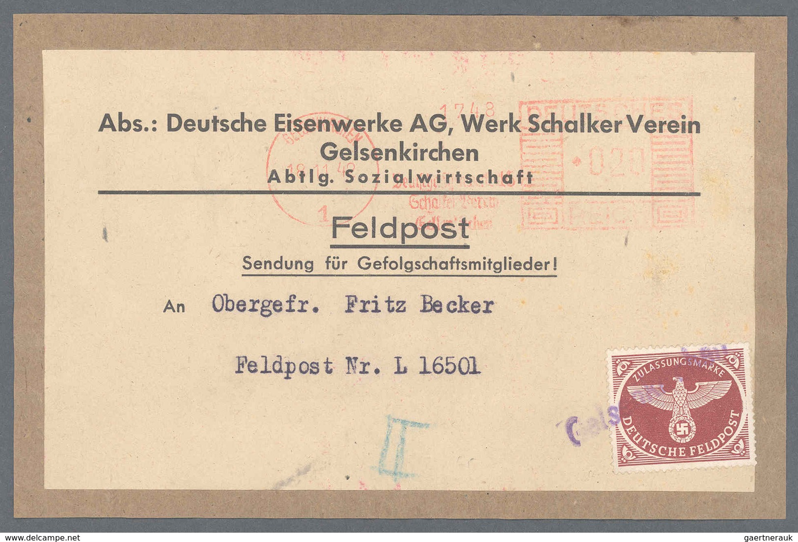 Feldpost 2. Weltkrieg: 18.11.42, Komplette FP-PÄ-Adresse "Sendung Für Gefolgschaftsmitglieder!" (Vor - Other & Unclassified