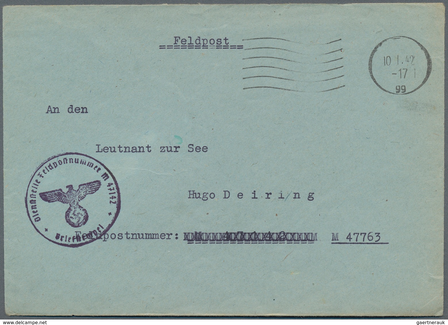 Feldpost 2. Weltkrieg: 1942 (10.1.), FP.-Brief Von Leutnant Zur See Baltz Mit Briefstempel M 47142 ( - Other & Unclassified