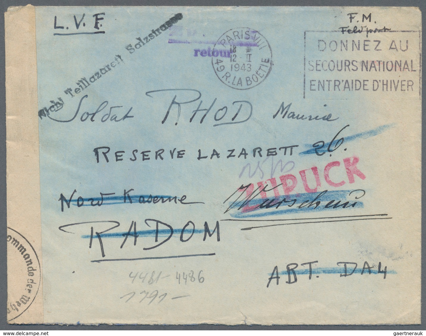 Feldpost 2. Weltkrieg: 1943. Censored Feldpost Cover From Paris, France To Member Of The Legion Des - Other & Unclassified