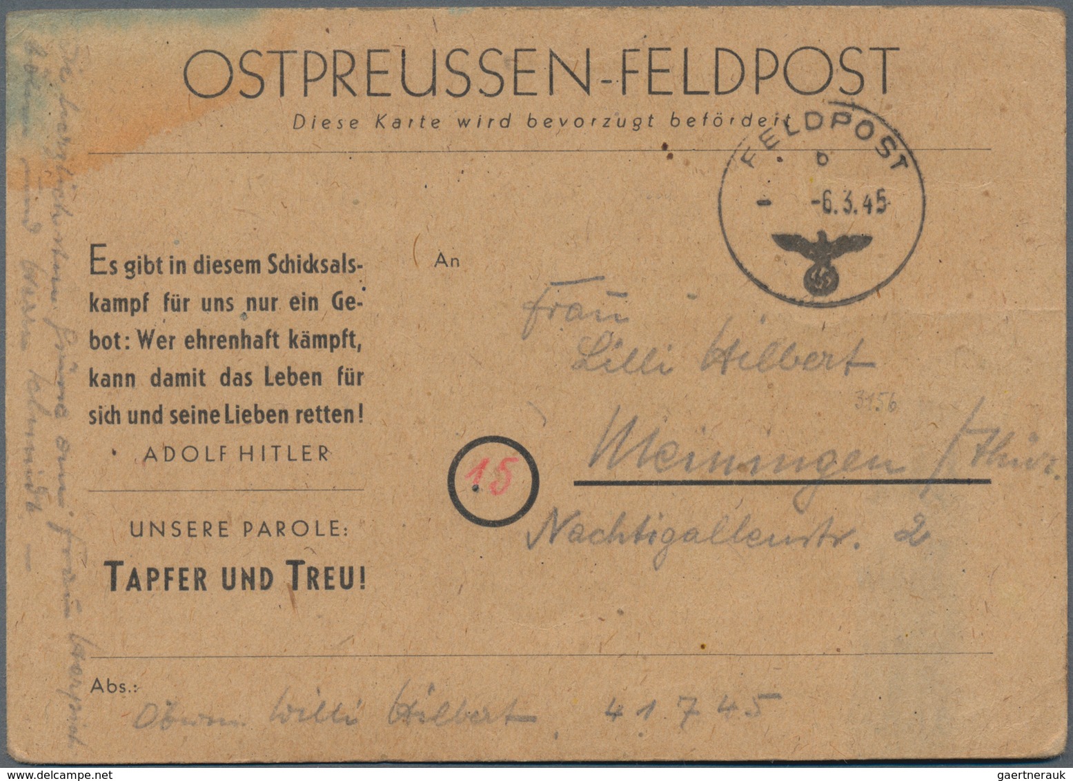 Feldpost 2. Weltkrieg: 1945, Ostpreußen-Feldpostkarte Auf Gelbbeigen Karton Bedarfsgebraucht Mit Nor - Sonstige & Ohne Zuordnung