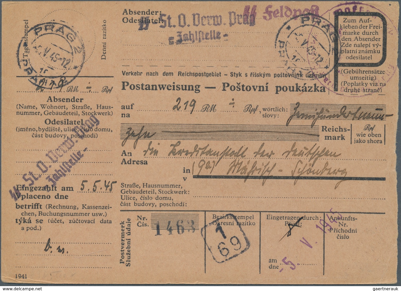 Feldpost 2. Weltkrieg: 1945, SS-Feldpost-Postanweisung über 219 Reichsmark Von PRAG 2, 5.V.45, Nach - Other & Unclassified