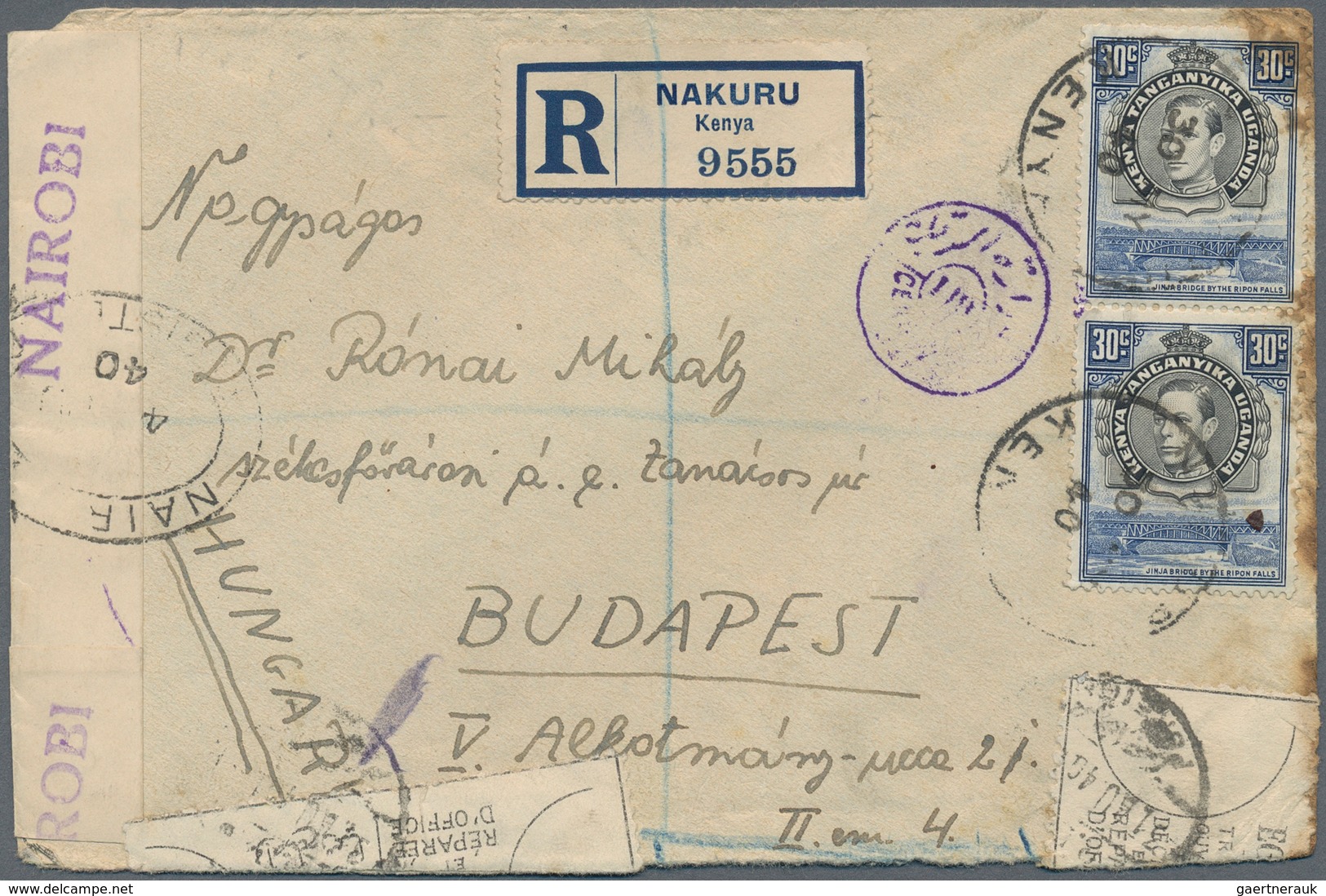 Zensurpost: 1940, Kenya/Uganda/Tanganyika, 30 C Violet-blue/black KGVI, Vertical Pair, Multiple Fran - Autres & Non Classés