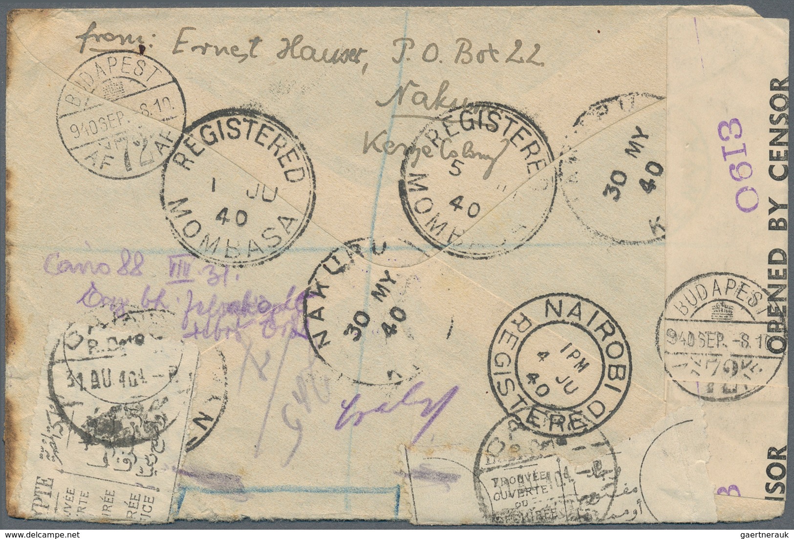 Zensurpost: 1940, Kenya/Uganda/Tanganyika, 30 C Violet-blue/black KGVI, Vertical Pair, Multiple Fran - Autres & Non Classés