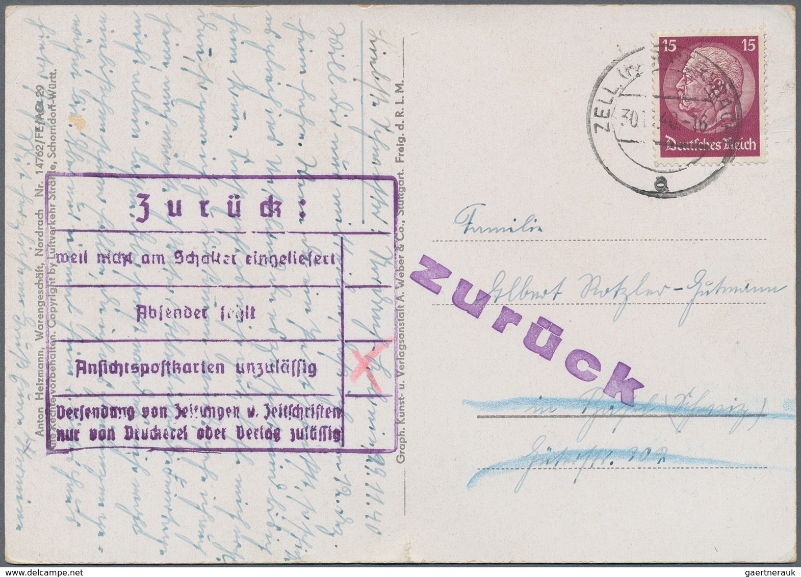 Zensurpost: 1940, Violetter Beanstandungsstempel Der ABP Frankfurt/Main Mit Vier Gründen (Landsmann - Autres & Non Classés