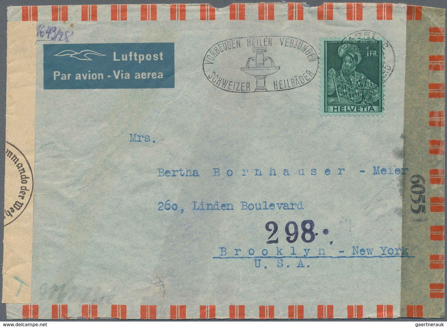 Zensurpost: 1943 (14.1.), Einzelfrankatur 1 FR Auf Luftpostleichtbrief (leichte Randmängel) Aus Base - Other & Unclassified