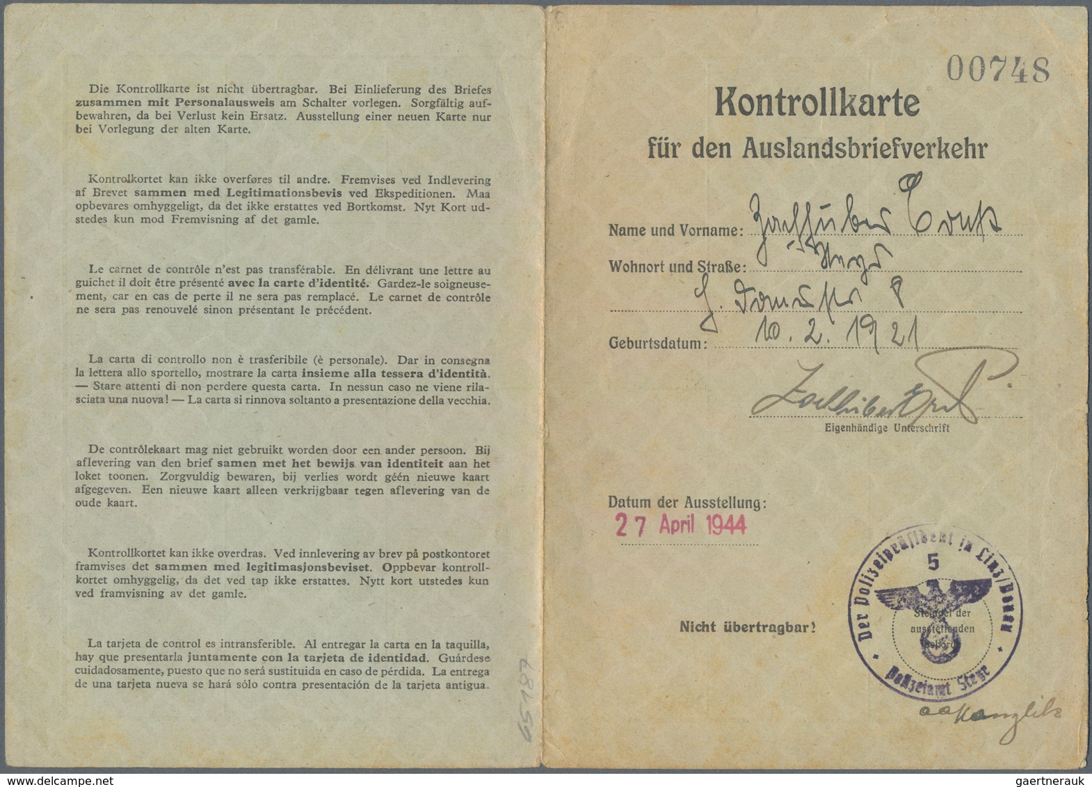 Zensurpost: 27.4.1944, "KONTROLLKARTE Für Den Auslandsbriefverkehr" Mit Ausgabe-Stempel "Steyr" Und - Autres & Non Classés