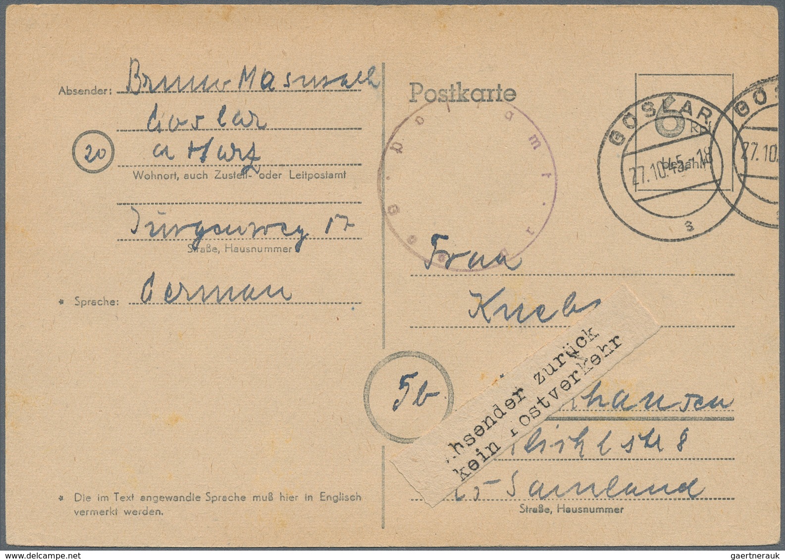 Zensurpost: 1945 (27.10.), 6 Pfg. Postkarte (Behelfsausgabe Der Brit. Zone) Aus GOSLAR Mit Bedarfste - Other & Unclassified