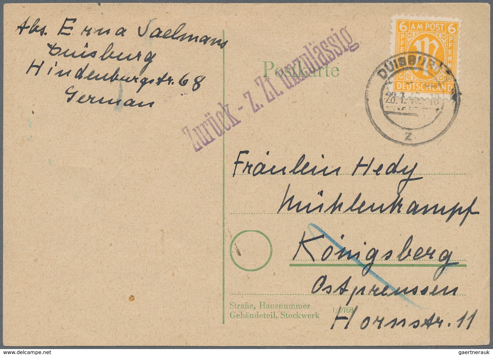 Zensurpost: 1946 (28.1.), 6 Pfg. AM-POST Auf Postkarte Mit Bedarfstext Aus DUISBURG Nach Königsberg/ - Other & Unclassified