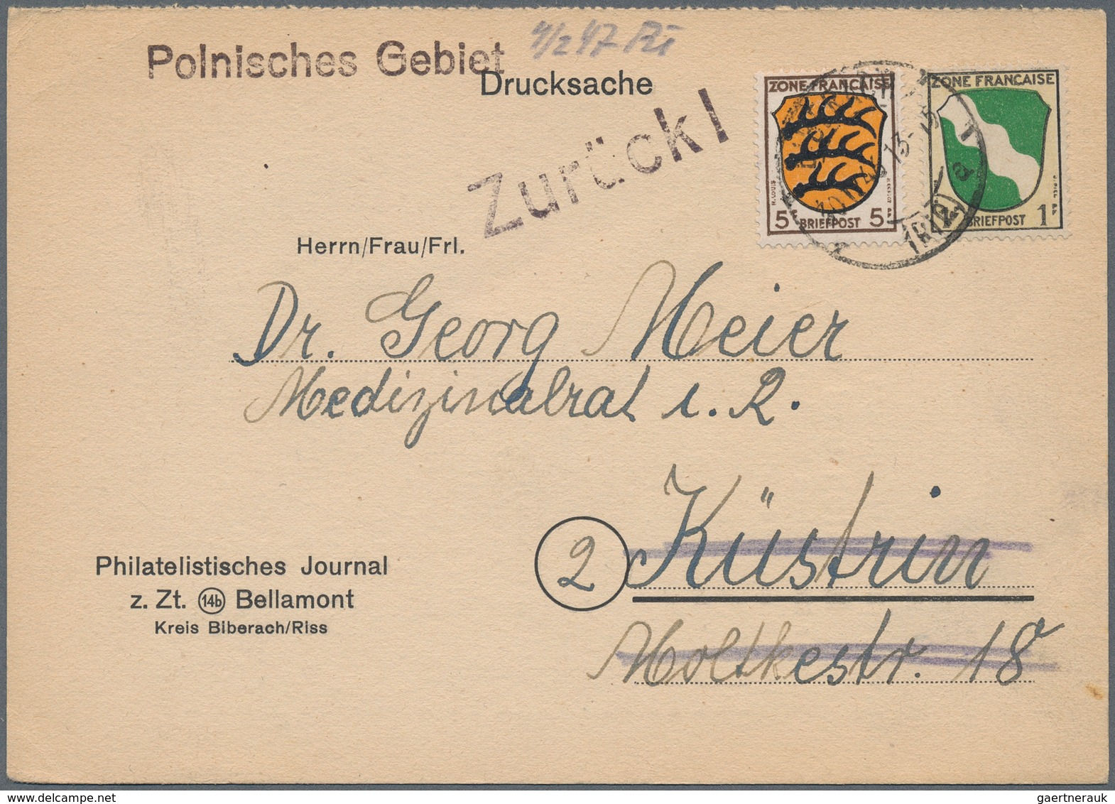 Zensurpost: 1946 (30.12.), 1 + 5 PF. ZONE FRANCAISE Auf Drucksachenkarte (Philatelistisches Journal - Sonstige & Ohne Zuordnung