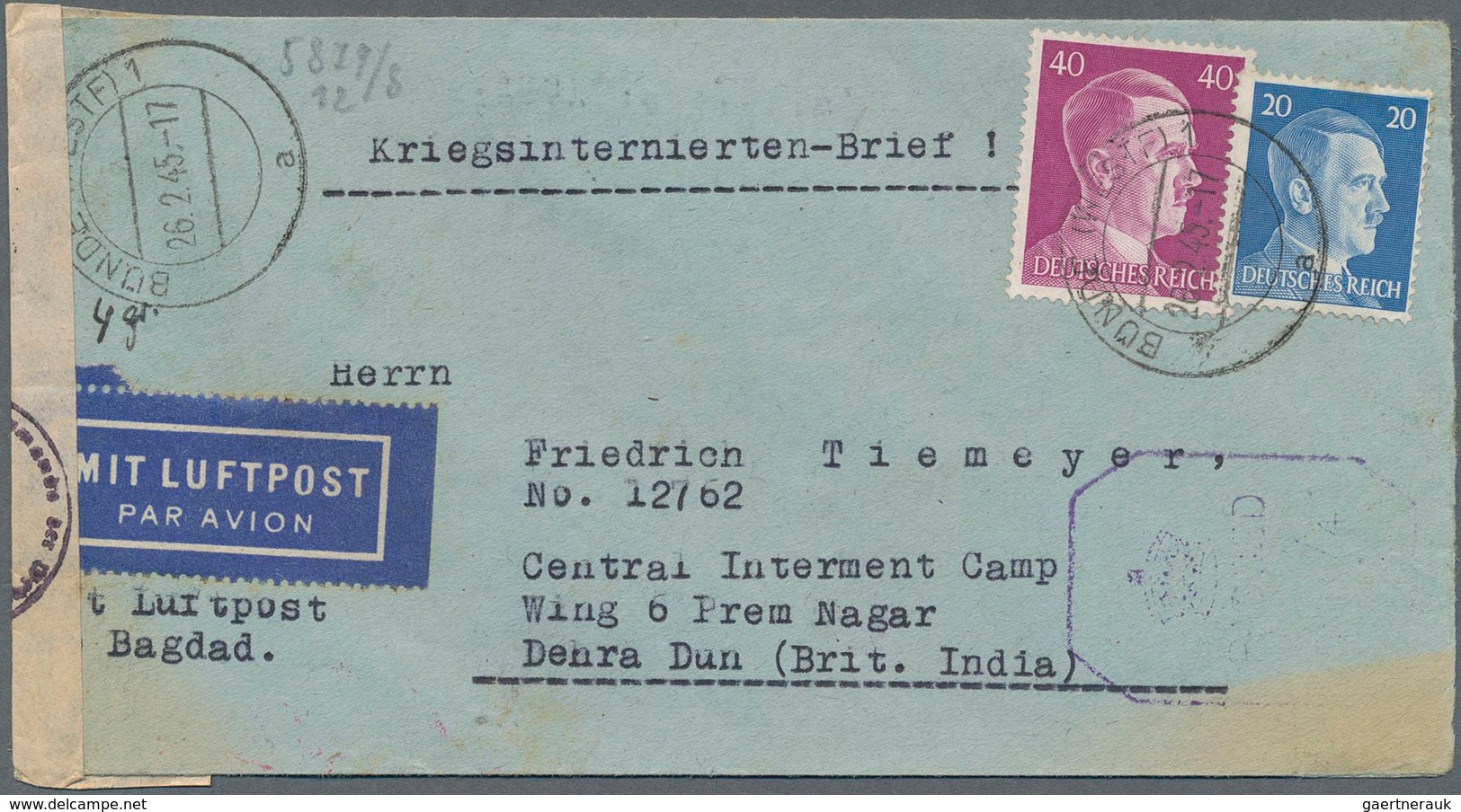 Kriegsgefangenen-Lagerpost: 1945. Air Mail Envelope Addressed To 'Central Internment Camp, Wing 6 Pr - Sonstige & Ohne Zuordnung