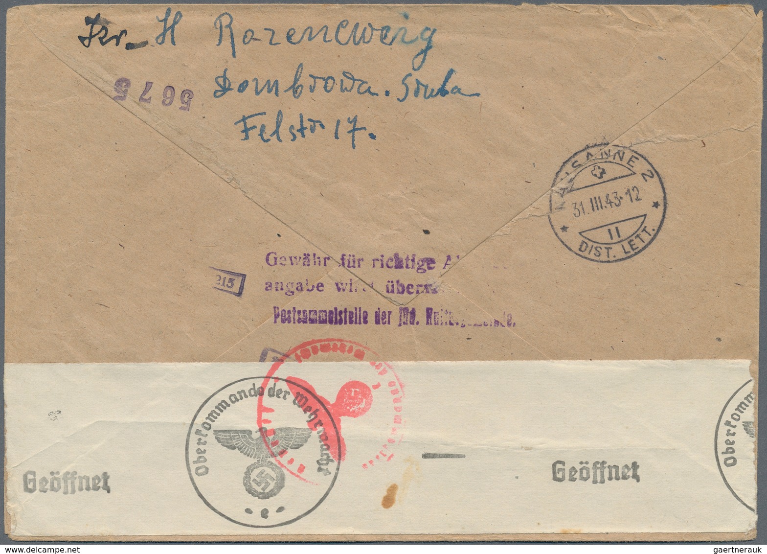 Ghetto-Post: GHETTO BENDSBURG: 1943, R-Brief Von Einem Jüdischen Absender Aus Dombrowa An Fam. Schwa - Other & Unclassified