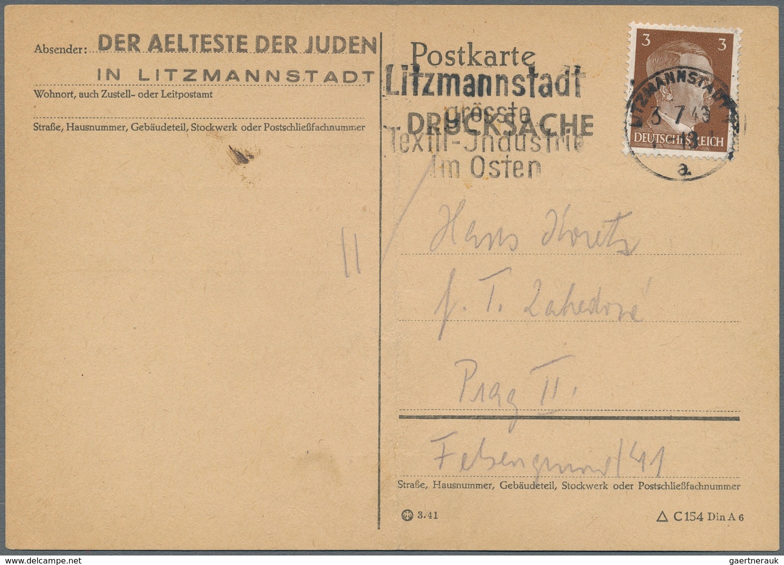 Ghetto-Post: 1943 Karte Mit Vordruck Vom Ältesten Der Juden Im Ghetto Litzmannstadt Nach Prag, Mitte - Other & Unclassified