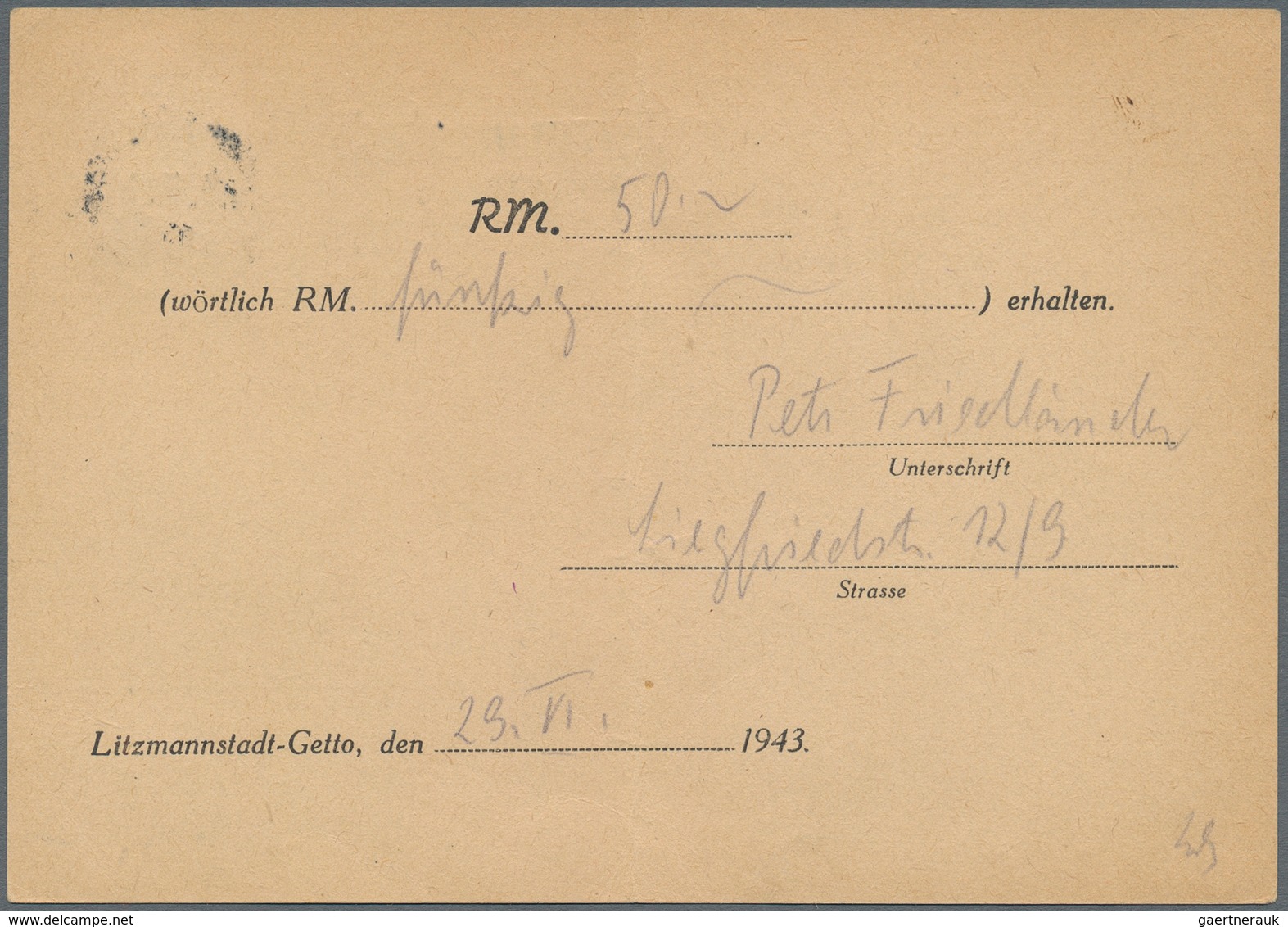 Ghetto-Post: 1943 Karte Mit Vordruck Vom Ältesten Der Juden Im Ghetto Litzmannstadt Nach Prag, Mitte - Other & Unclassified