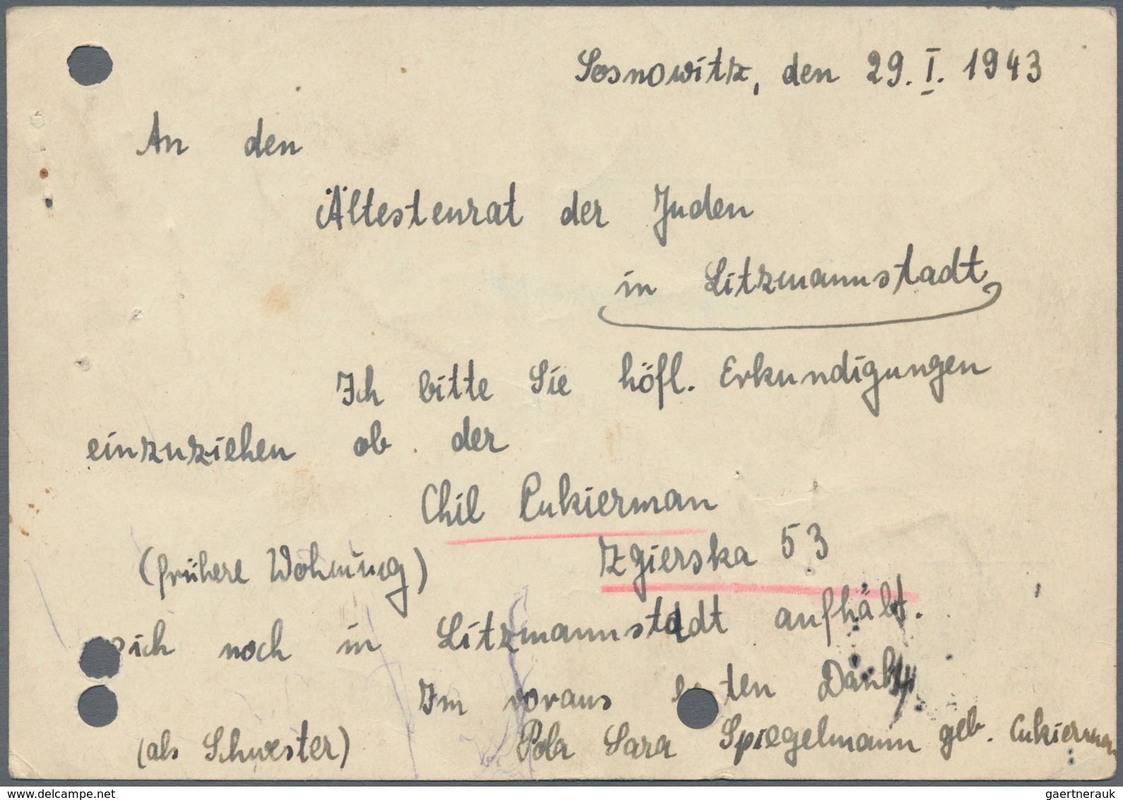 Ghetto-Post: 1943, GHETTO LITZMANNSTADT, 5 Pf Hindenburg GSK Mit Zusatzfrankatur 1 Pf Hitler, Absend - Autres & Non Classés