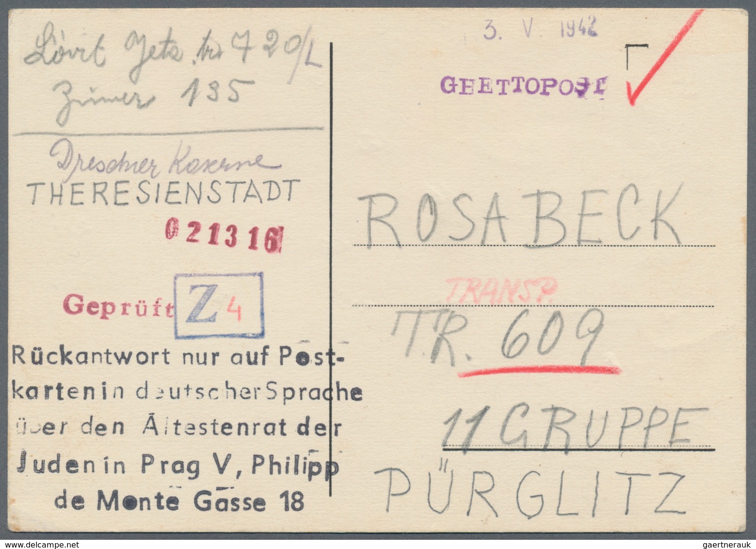 Ghetto-Post: 1942, Provisorische Karte Aus Theresienstadt Mit Violettem L1 "GHETTOPOST", Provisorisc - Autres & Non Classés