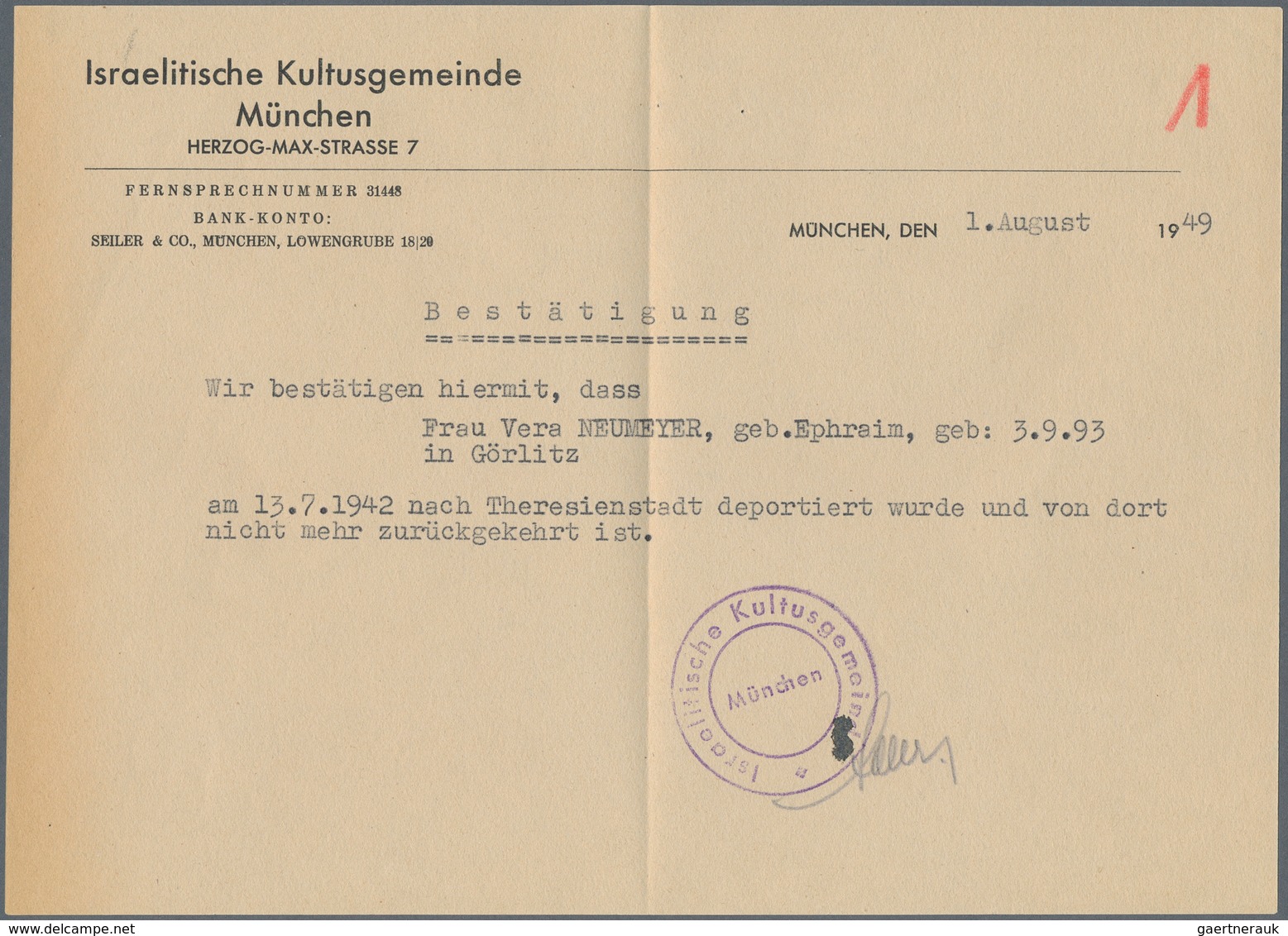 Ghetto-Post: GHETTO THERESIENSTADT: 1949, Dokument Der Israelitischen Kultusgemeinde München über Di - Autres & Non Classés