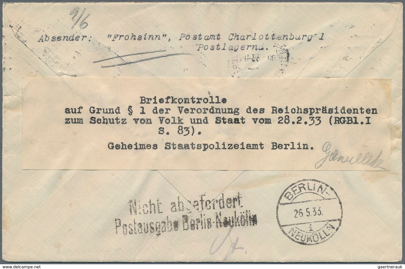 KZ-Post: 1933 (10.5.), Seltener Verschlußzettel "Briefkontrolle/auf Grund § 1 Der Verordnung Des Rei - Briefe U. Dokumente