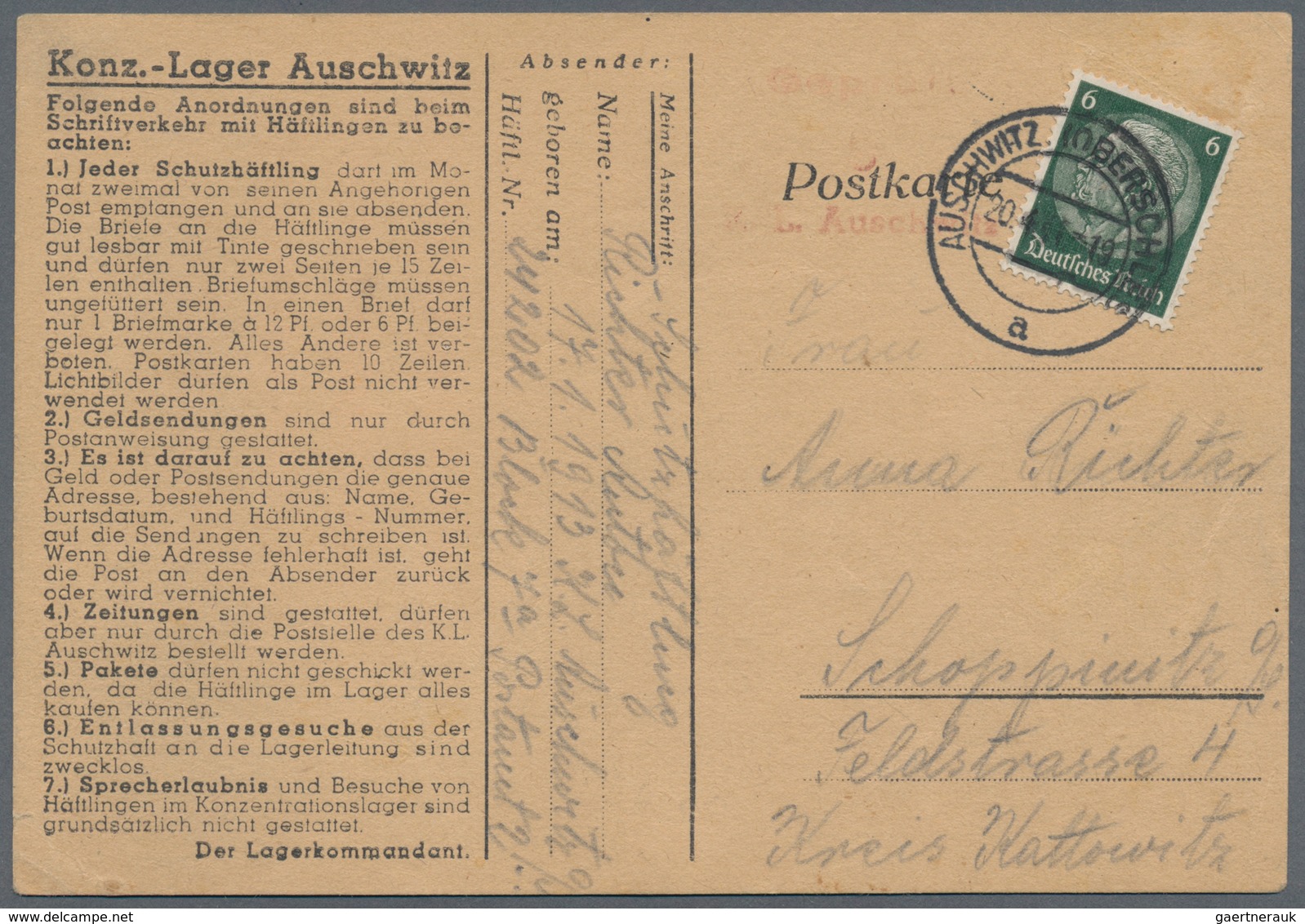 KZ-Post: Auschwitz: 1941, Vordruckpostkarte (Lordahl P2) Mit 6 Pfg. Hitler Aus "AUSCHWITZ 20.4." Mit - Covers & Documents