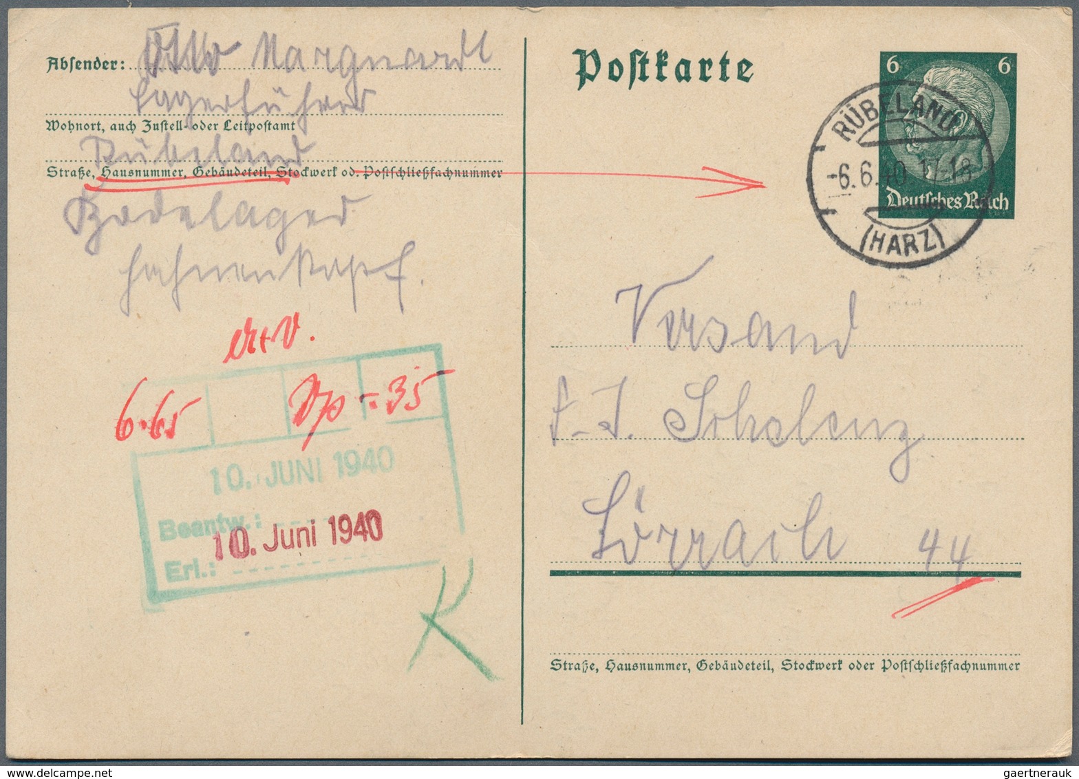 KZ-Post: 1940, Ganzsachenkarte Ab RÜBELAND (HARZ) Nach Lörrach. Absender War Der Lagerführer Bodelag - Covers & Documents