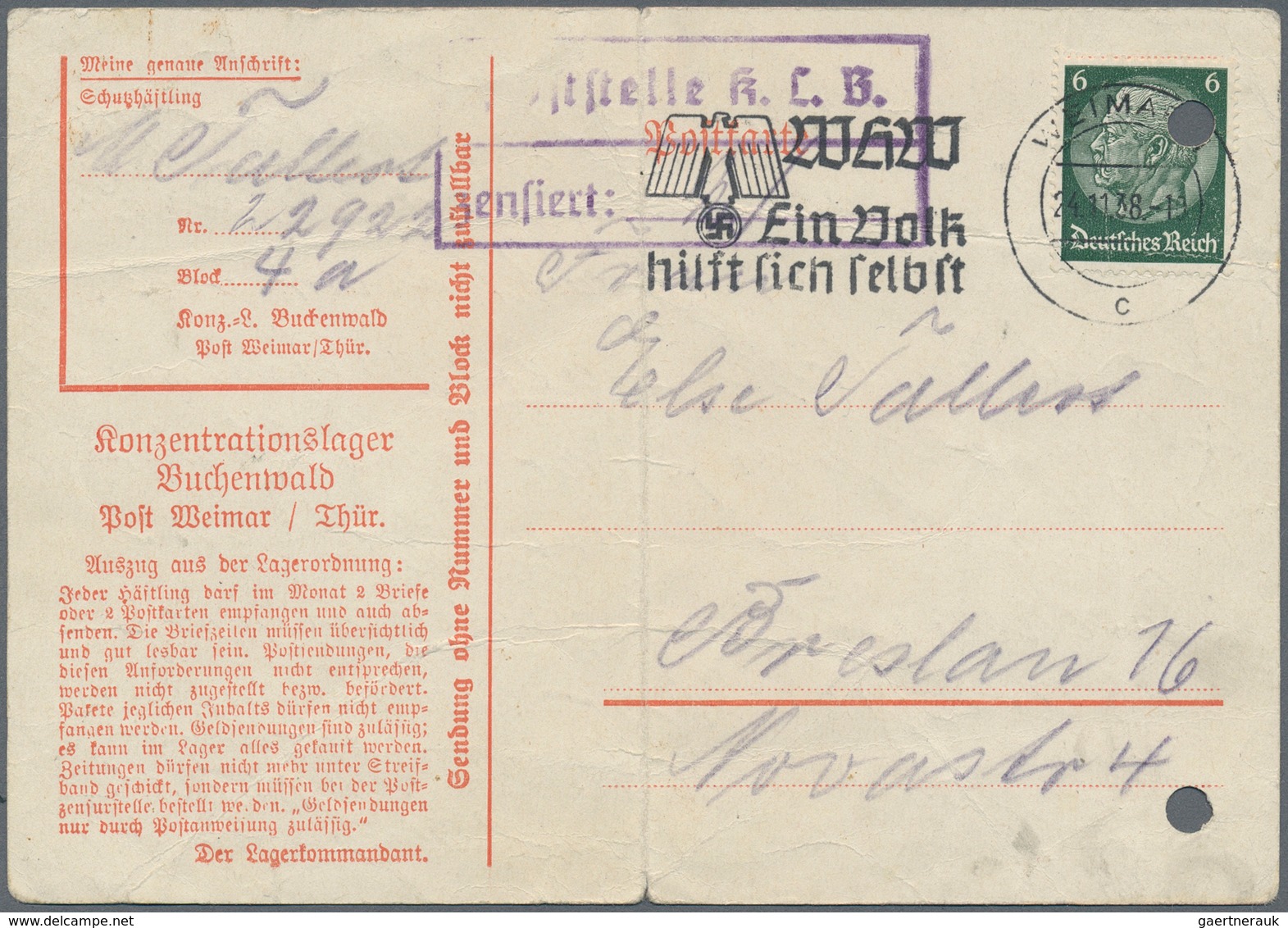 KZ-Post: KZ BUCHENWALD: 1938, Frühe Postkarte Von Weimar Nach Breslau, Viol. Zensur-Kastenstempel "P - Covers & Documents