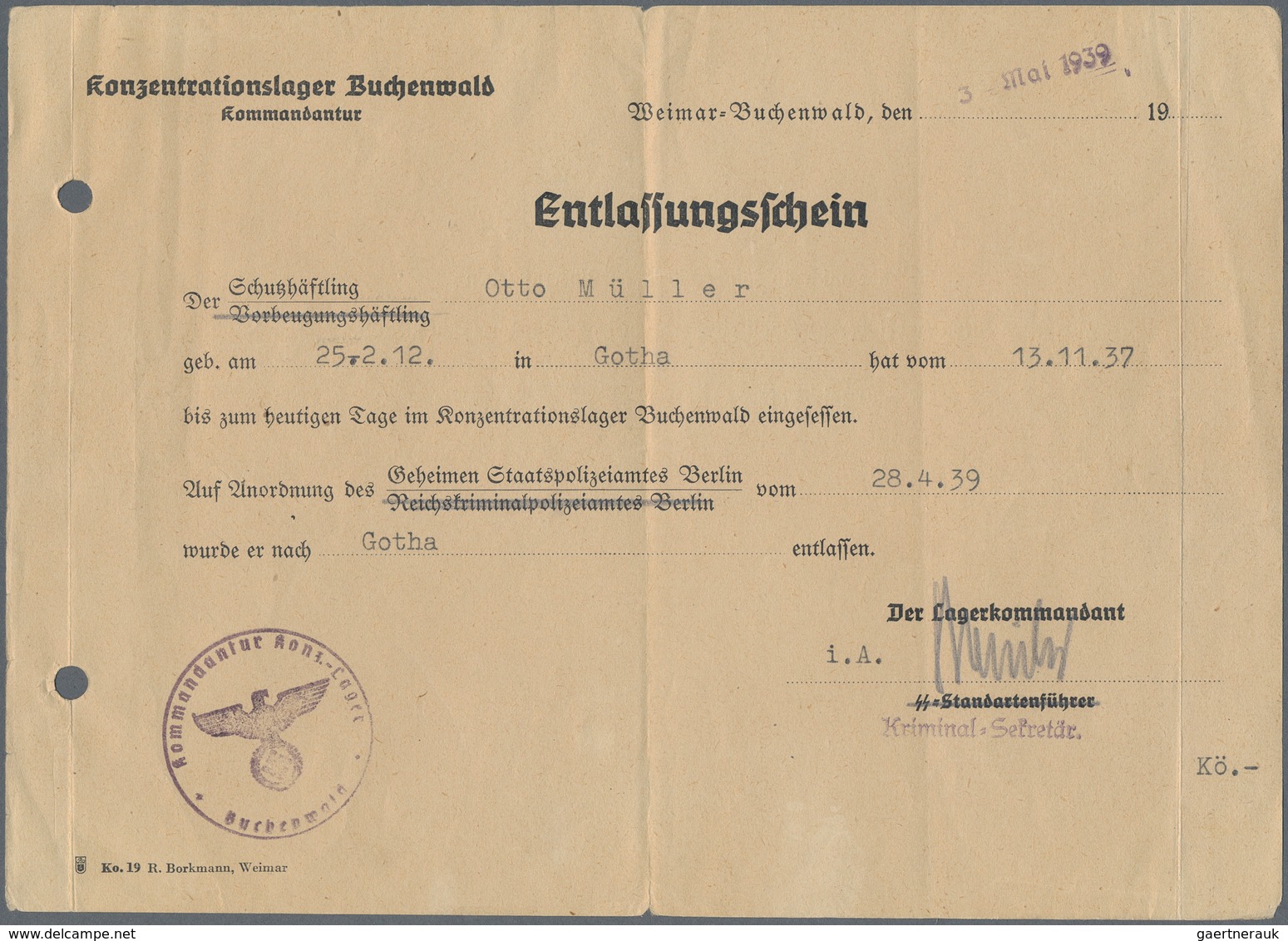 KZ-Post: KZ BUCHENWALD: 1939, Seltener Entlassungs-Schein Aus Dem KZ, Mit Kommandanturstpl. Und Unte - Lettres & Documents