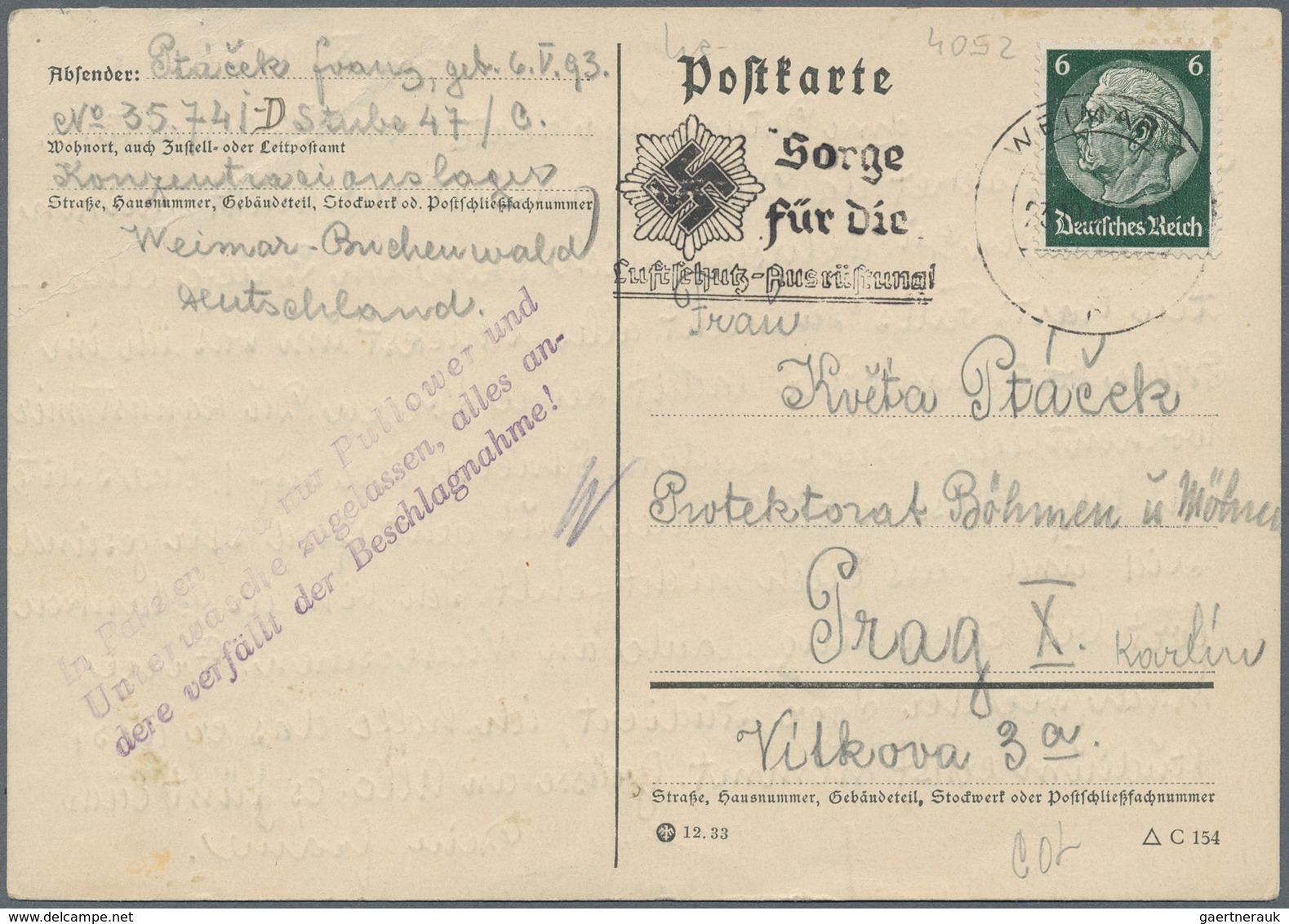 KZ-Post: KZ BUCHENWALD: 1939, Postkarte Mit Seltenem Violettem L3 "In Paketen..." Und Handparaphe - Lettres & Documents