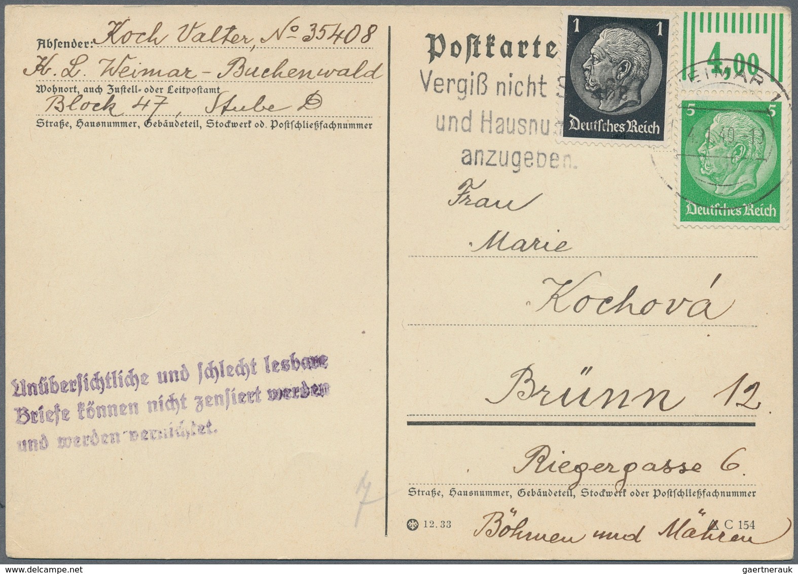 KZ-Post: KZ BUCHENWALD: 1939, Postkarte Aus Dem KZ Nach Brünn Mit Seltenem Violettem Zensur-L3 "Unüb - Covers & Documents